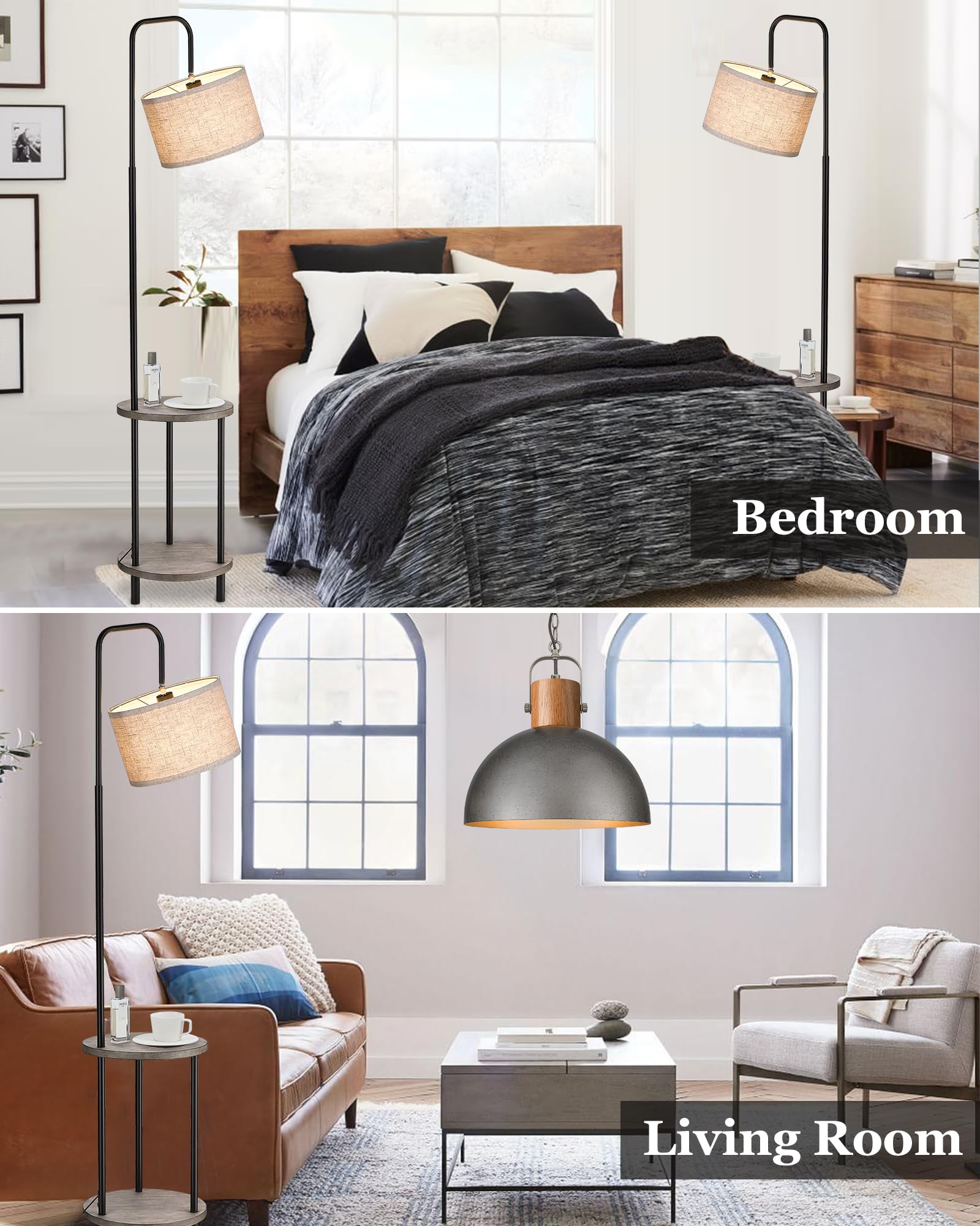 ELYONA Rubber Wood Floor Lamp with Side Table - Mid Century Modern Rustic Standing Light for Bedroom, Living Room & Farmhouse Decor - Industrial Tall Pole Reading Lamp in Grey - Perfect for Cozy Reading Nooks & Nightstand Lighting