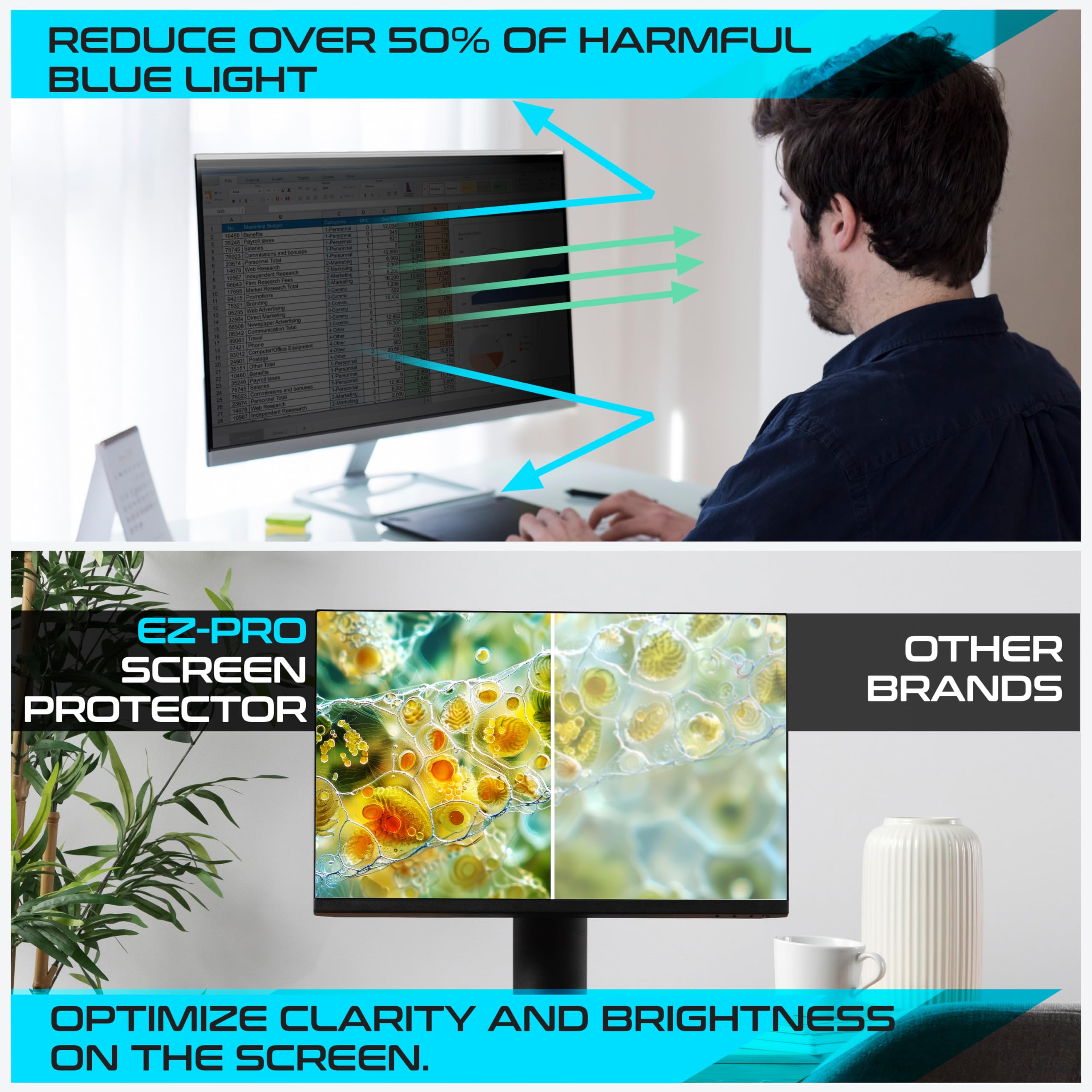 EZ-Pro 32 Inch Computer Monitor Privacy Screen Protector - Anti Blue Light Filter, Easy Installation (17.3