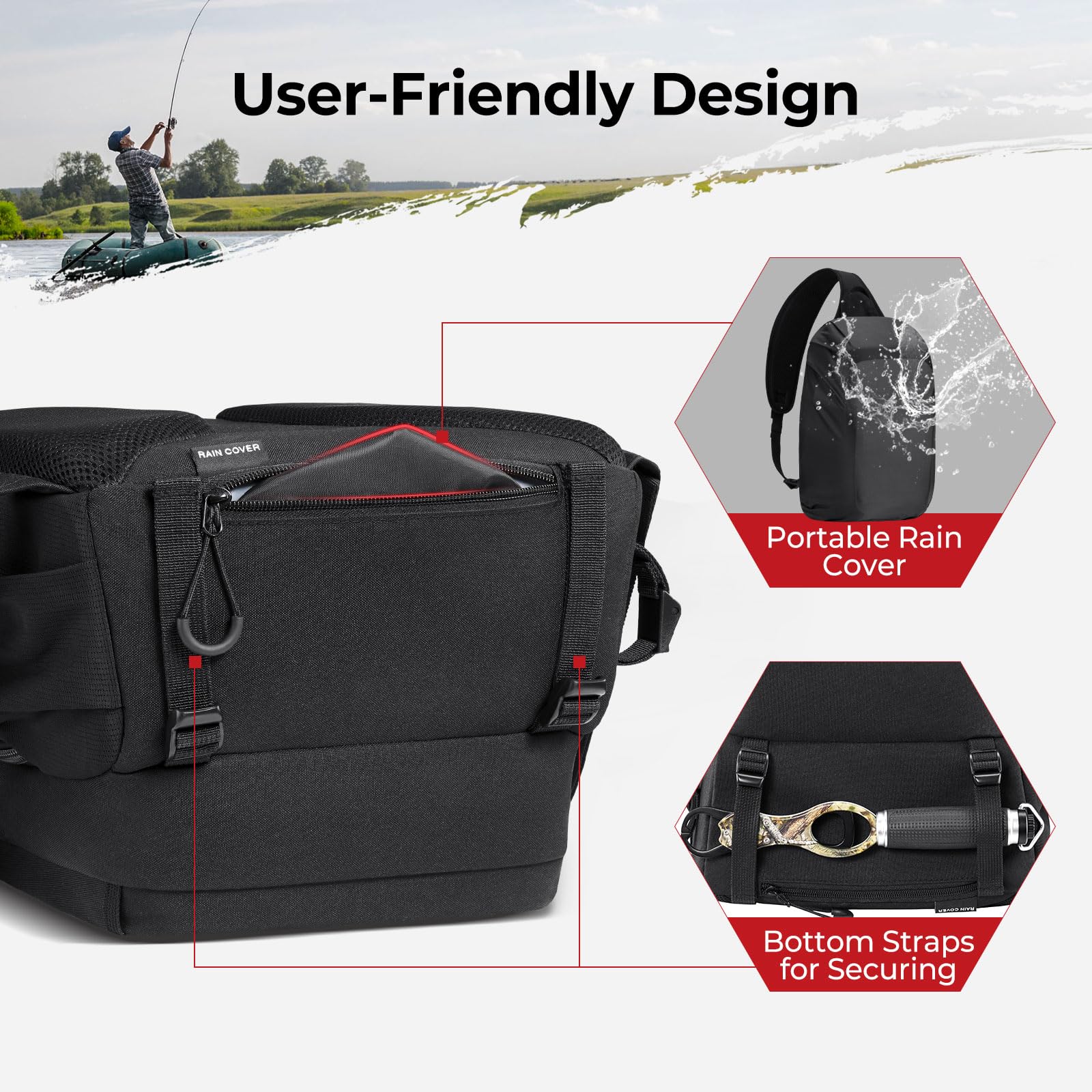 **Piscifun Fishing Sling Tackle Bag with Rod Holder & Gear Storage - Lightweight Waterproof Sling Pack with Rain Cover - Perfect for Outdoor Fishing, Hiking & Travel - Black & Camouflage**