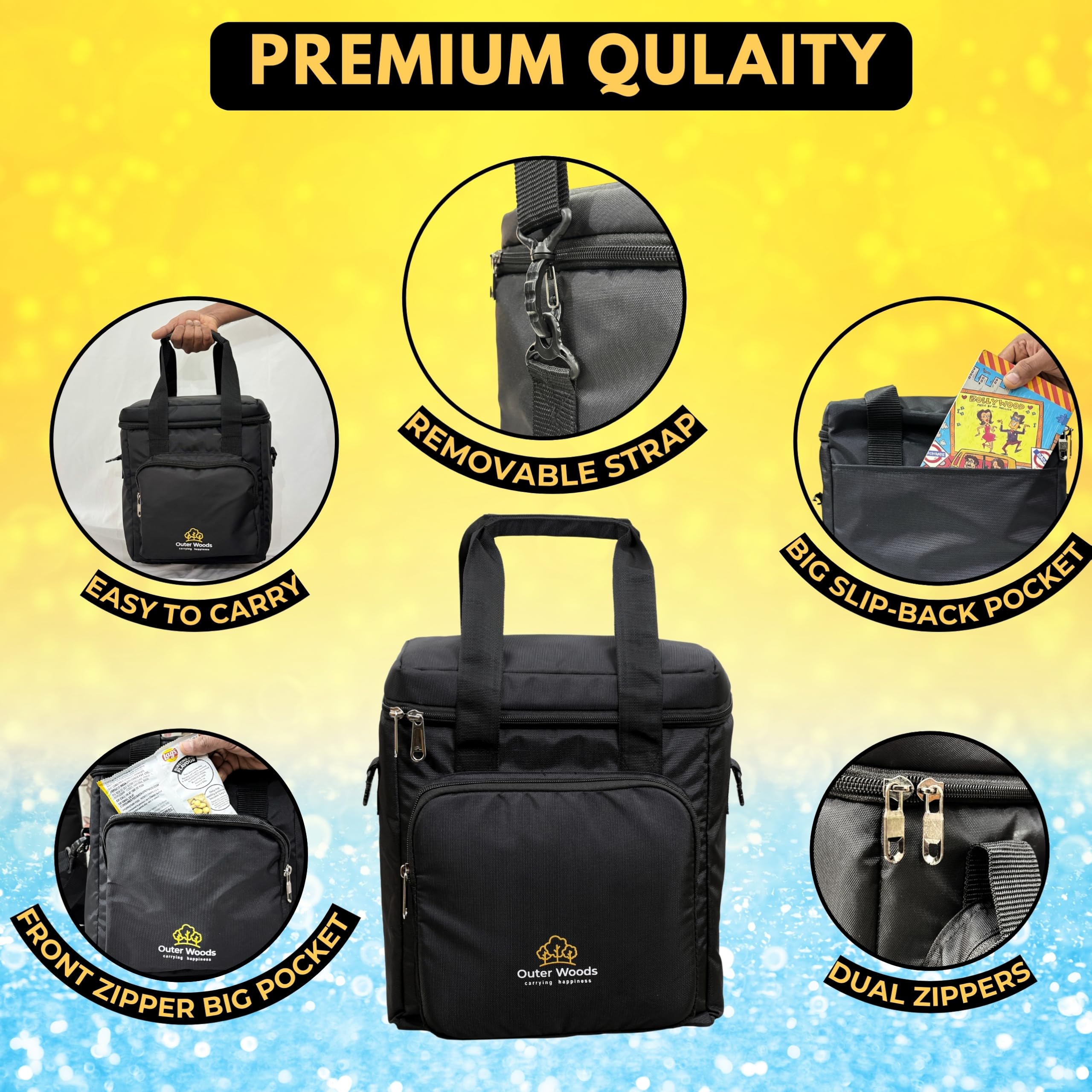 Outer Woods Insulated 6 Bottle Wine Cooler Bag with 6 Ice Gel Packs - Black | Portable Beer & Beverage Cooler for Picnics, Camping & Outdoor Parties | Fits 6 Full Size Bottles