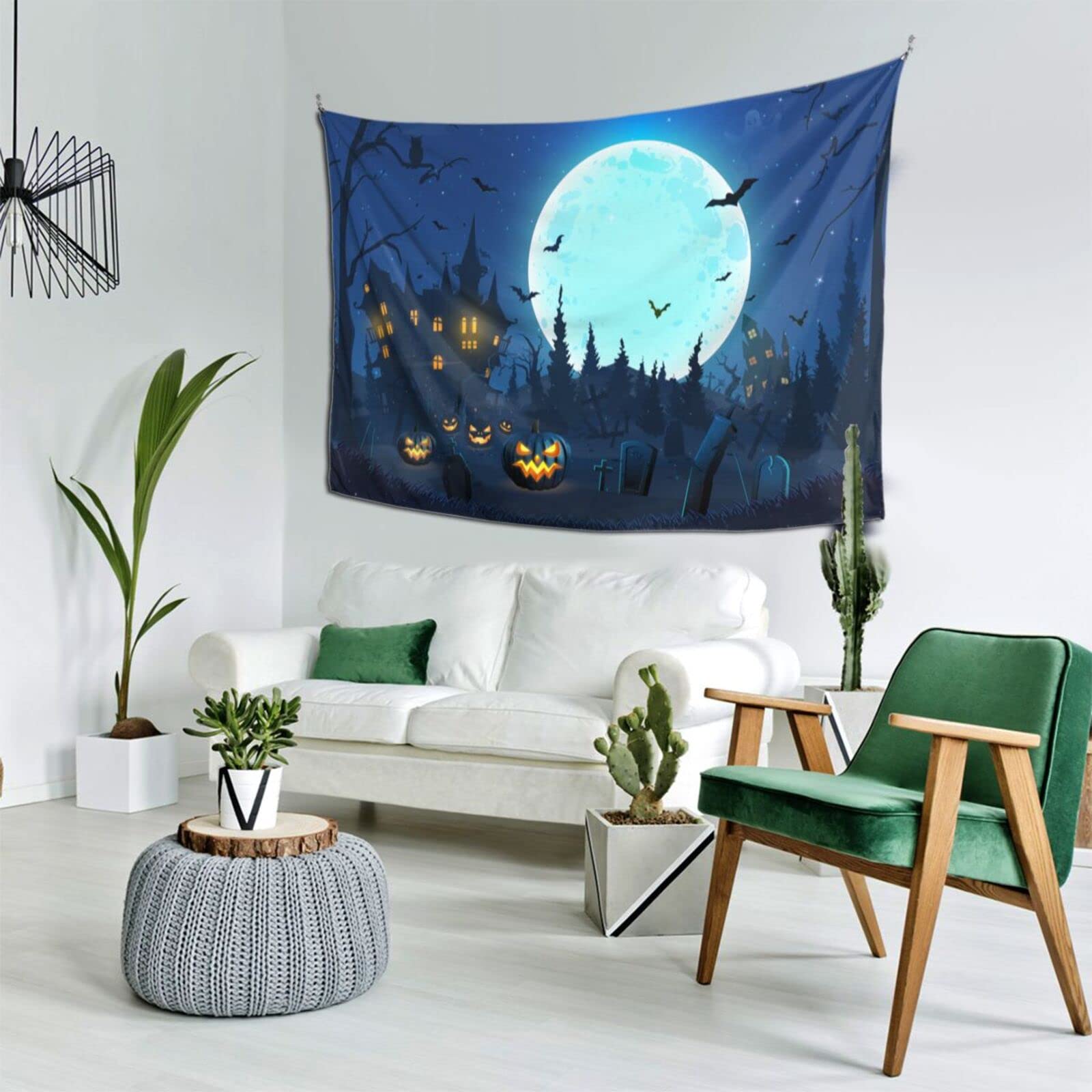 Vthxloi Halloween Tapestry - Spooky Moon & Pumpkin Wall Hanging for Home Decor (60x40 Inches) | Hippie Aesthetic Dorm Room Tapestry for Bedroom, Living Room & Party Decorations
