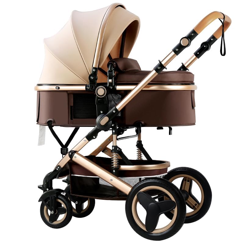Premium 2-in-1 Baby Stroller with Bassinet & Reversible Seat - Foldable Travel Pram for Newborns & Infants - High Landscape Stroller for Outdoor Walks & Shopping (Khaki)