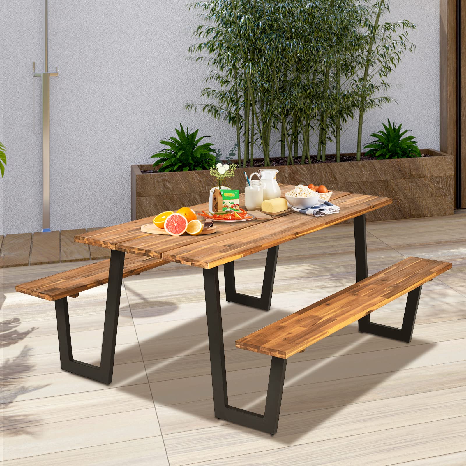 Tangkula 6-Person Acacia Wood Picnic Table Set with 2 Benches & Umbrella Hole - Weather-Resistant Outdoor Dining Table for Backyard, Garden, Patio, BBQ, Picnics & Parties - Steel Frame & Wood-Like Texture Tabletop