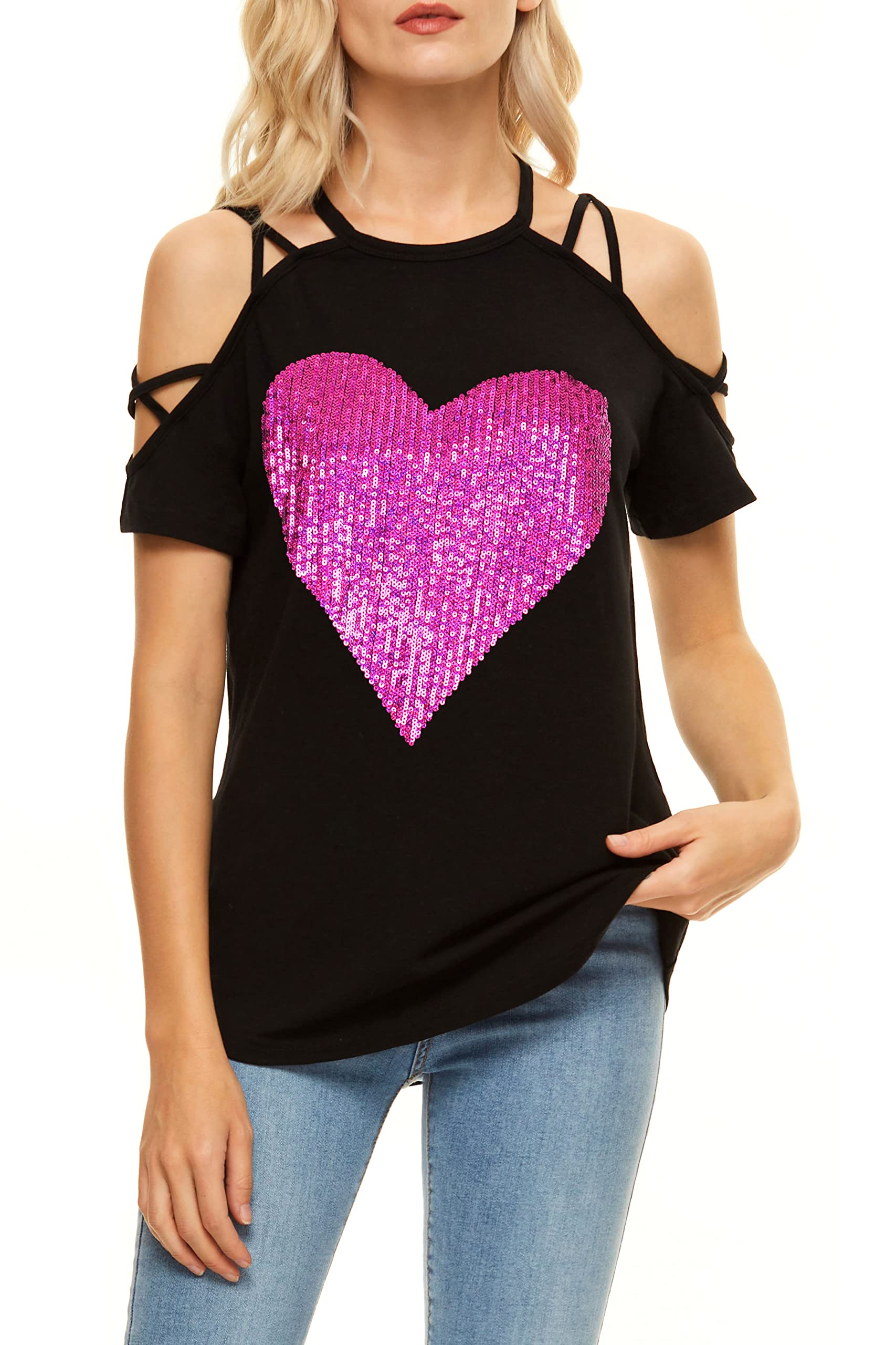 PESION Women's Off The Shoulder Tops - Sexy Shiny Blouses with Long & Short Sleeves - Fashion Graphic T-Shirts for Casual Wear, Date Night & Party Outfits