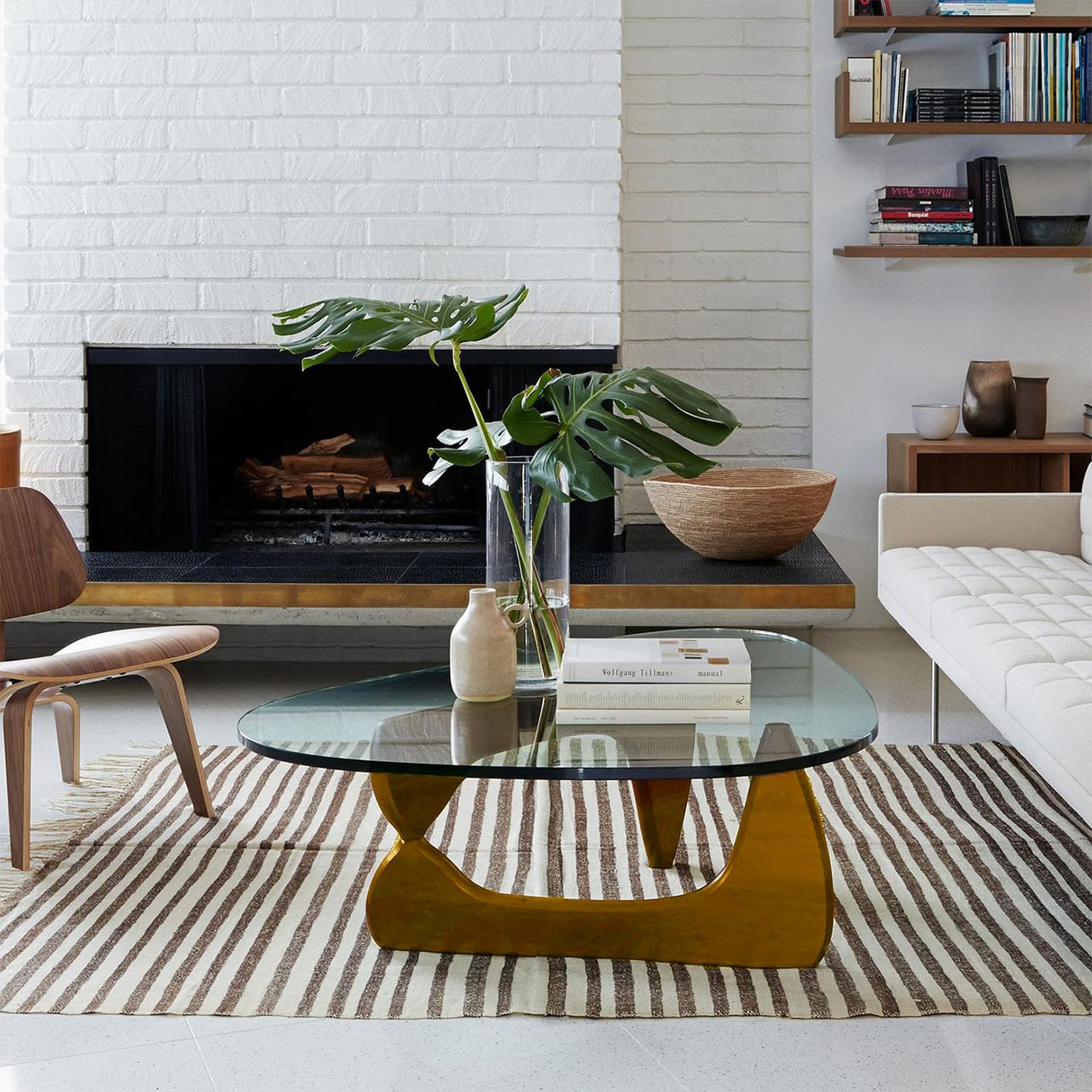 Mid-Century Modern Triangle Coffee Table with Glass Top & Natural Wood Base - Abstract End Table for Living Room, Patio, Office - Walnut/Brown, Small 32.2