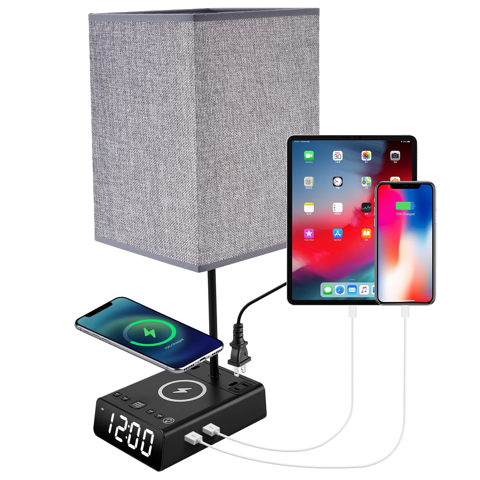Maypott Modern Bedside Table Lamp with USB Ports & 3-in-1 Wireless Charger - Dimmable Nightstand Lamp with Dual Alarm Clock, Square Oatmeal Fabric Shade for Bedroom, Living Room | Perfect for Reading, Charging Devices & Creating Cozy Ambience