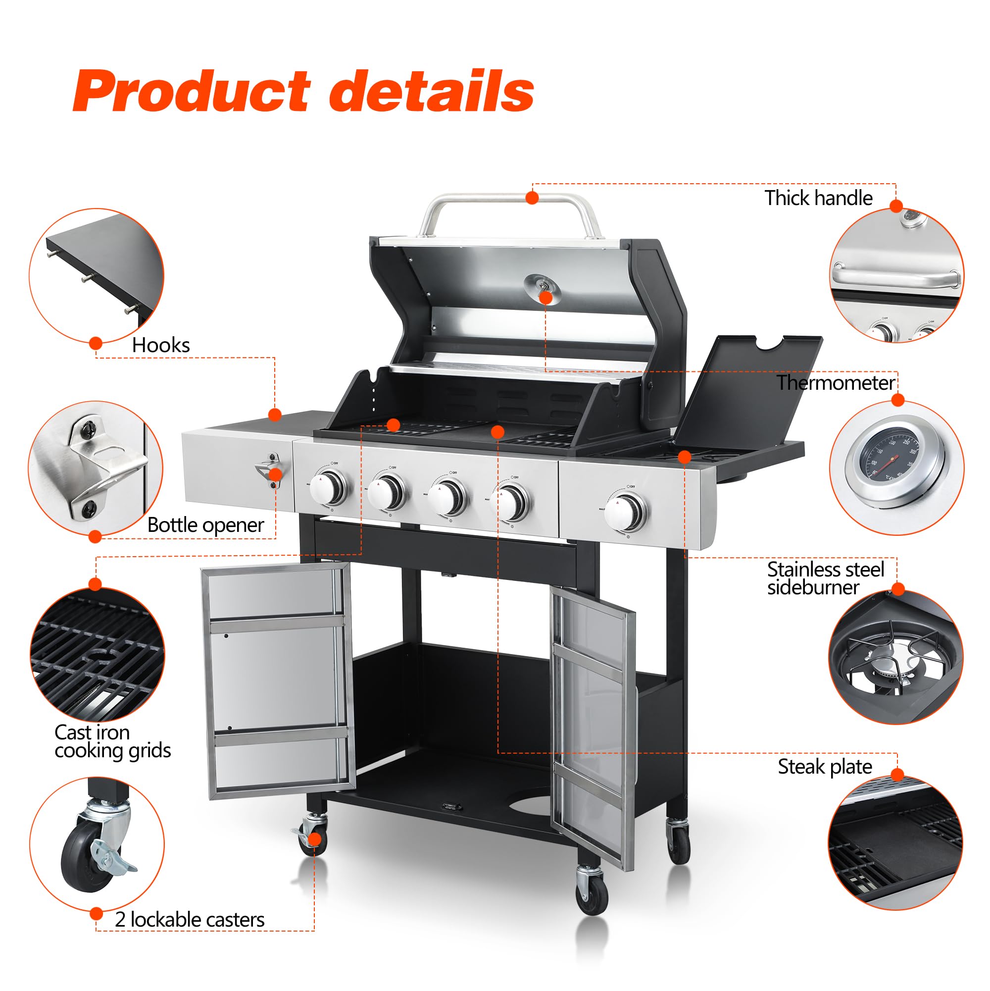2 in 1 Outdoor Propane Griddle Grill Combo - 4-Burner Gas BBQ Grill with Side Burner & Porcelain-Enameled Cast Iron Grate (46,790 BTU) - Perfect for Camping, Backyard, Patio, Tailgating & Outdoor Cooking
