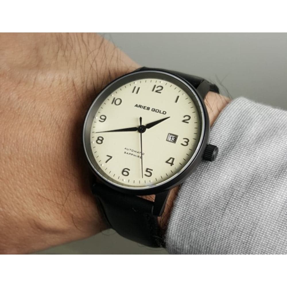 ARIES GOLD Automatic Infinum Odyssey Black Stainless Steel Men's Watch with Leather Strap G 9010 BK - Luxury Dress Watch for Business, Formal Events & Everyday Wear
