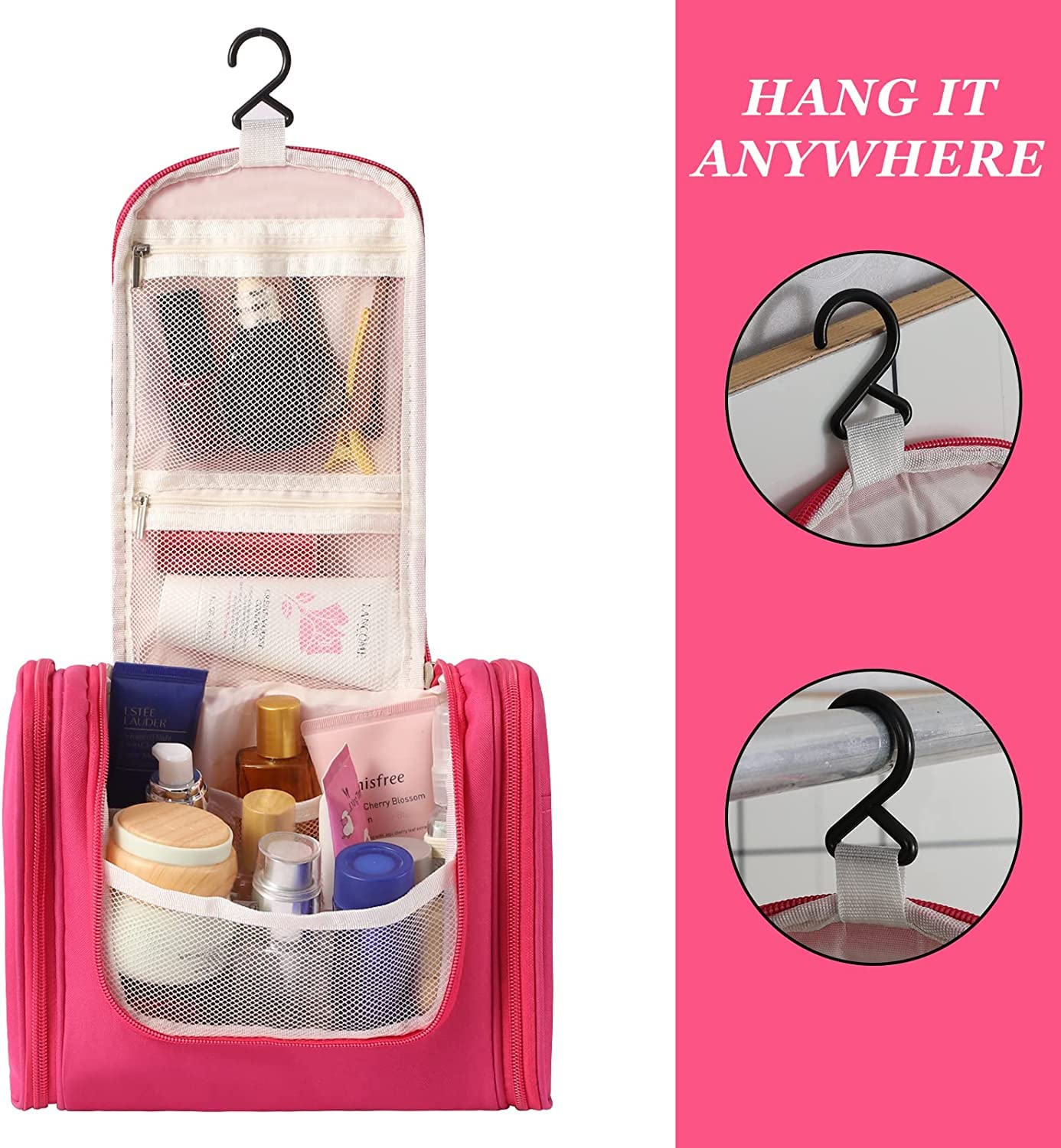 Extra Large Hanging Toiletry Bag - Waterproof Travel Organizer for Men & Women - Durable Nylon Cosmetic & Makeup Bag with Hooks - Perfect for Toiletries, Cosmetics, Brushes (Baby Pink, 11cm Wide) - Ideal for Travel, Camping, Gym & Daily Use