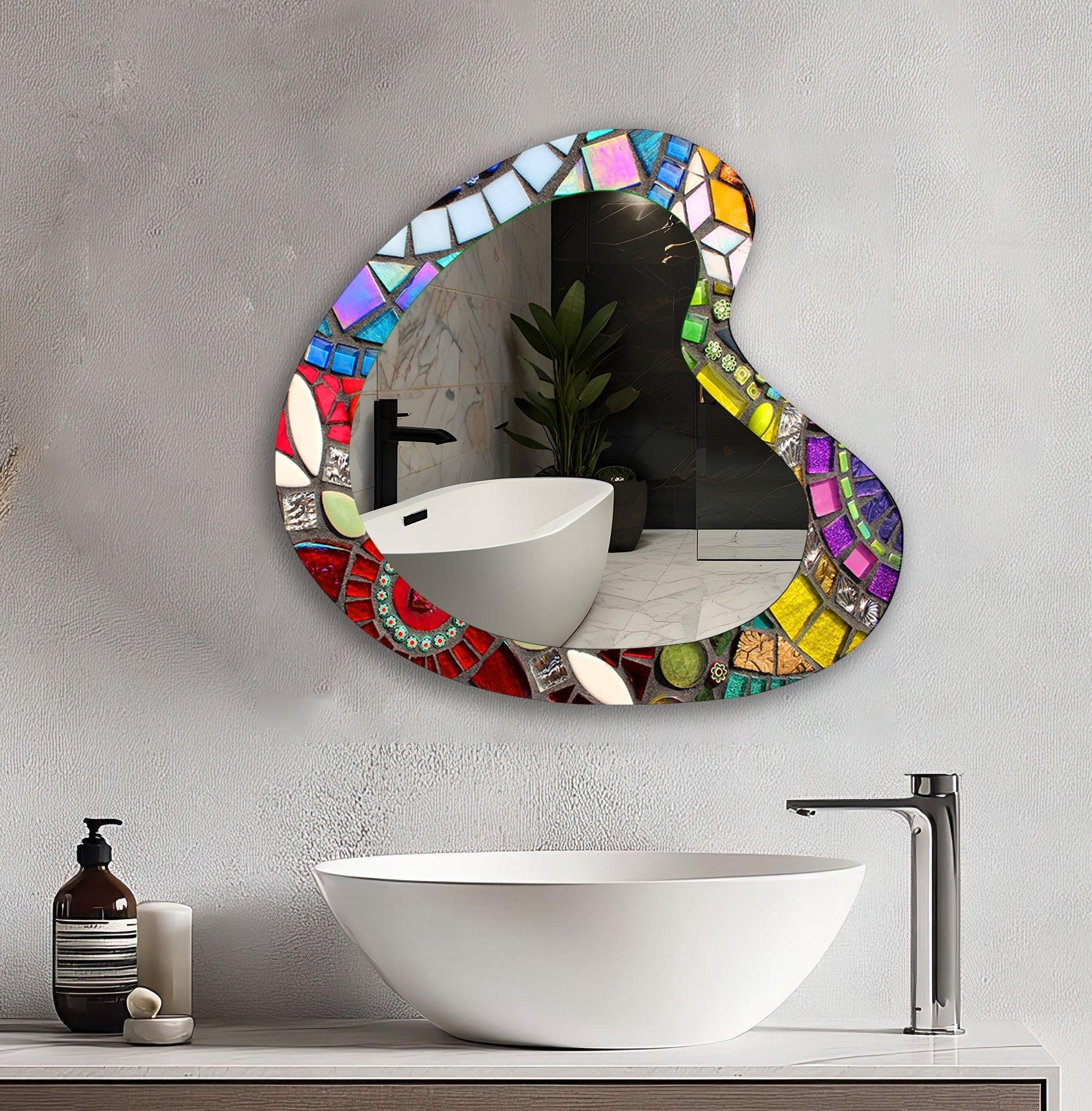 Vibrant Mosaic Asymmetrical Glass Wall Mirror - Unique Handmade Home Decor for Living Room, Bedroom, or Entryway