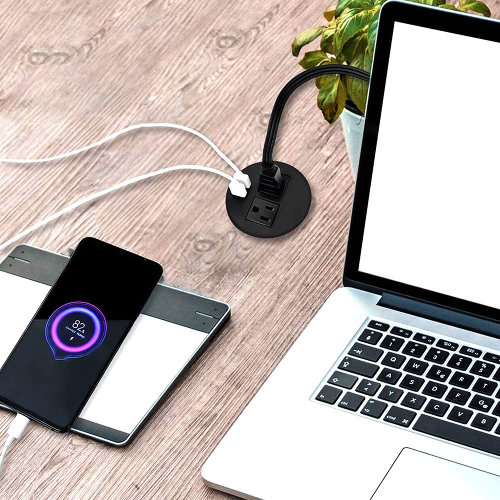Black Desk Power Grommet with 4 USB Ports & 3 AC Outlets - Recessed Power Strip for Home Office, Conference Room, Countertop, Sofa Cabinet - Cable Management Solution for Workstations & Entertainment Centers
