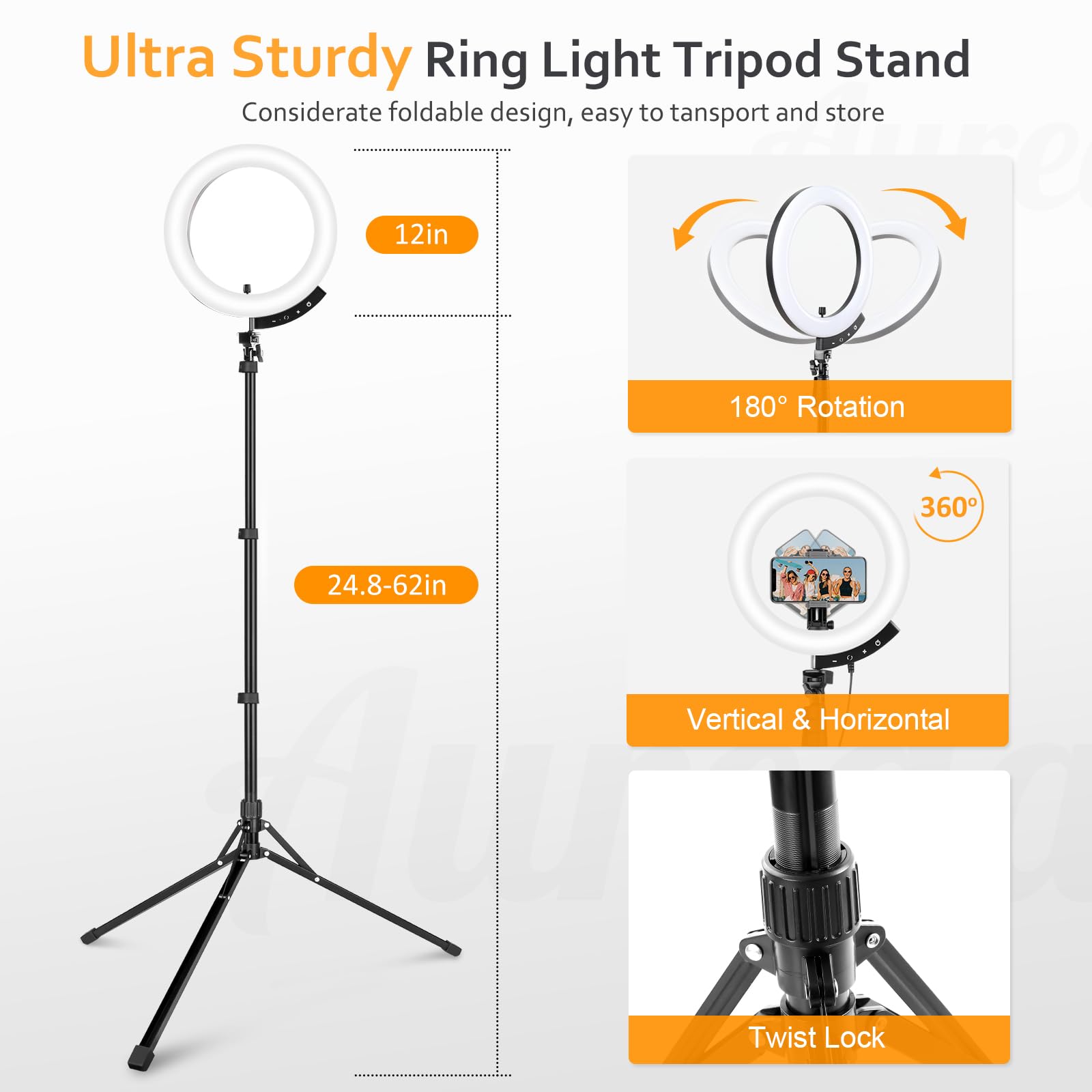 Aureday 12'' Ring Light with 62'' Tripod Stand & Magnetic Phone Holder - LED Selfie Light with Wireless Remote for Video Recording, Makeup, TikTok, YouTube, Live Streaming, Photography - Perfect for Content Creators, Vloggers, and Beauty Influencers