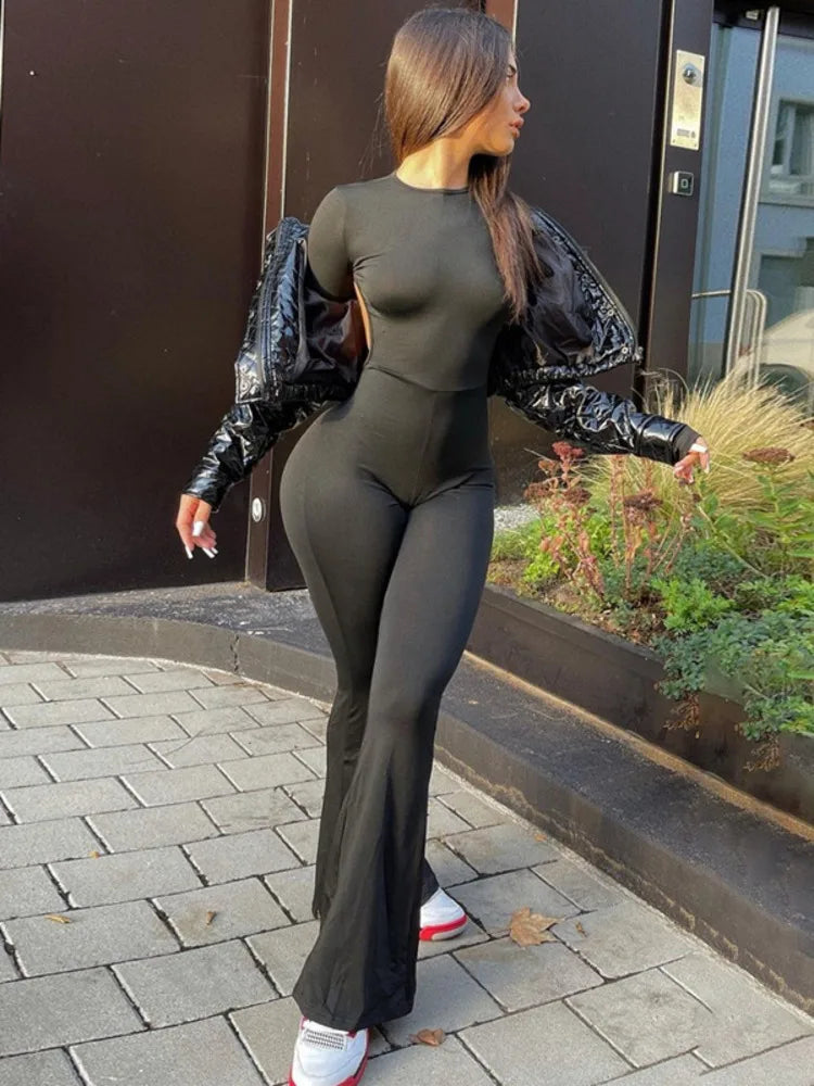 Sexy Backless Long Sleeve Jumpsuit for Women - Slim Fit Elastic Romper with Loudspeaker Print | Winter & Autumn Fashion | Perfect for Date Night, Club Outfits and Casual Wear