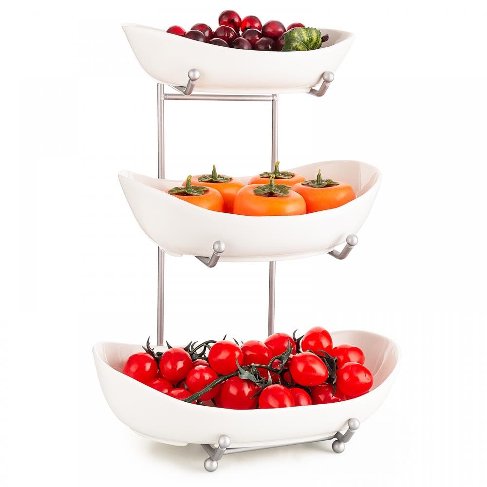 Jessie 3-Tier Ceramic Fruit Bowl with Metal Rack - White Porcelain Kitchen Counter Display for Fruits, Vegetables, Snacks, Nuts, Bread, Candy & Desserts - Perfect for Entertaining, Dining Room Decor & Party Serving