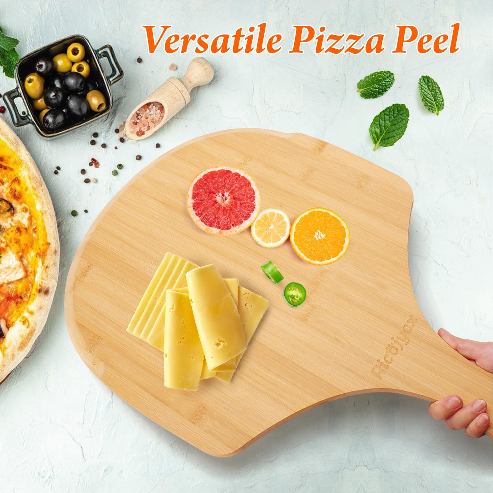 2 Pack 16 Inch Natural Bamboo Pizza Peel & Wooden Pizza Paddle - Multipurpose Cutting Board with Handle for Pizza, Bread, Cheese, Vegetables & Fruits - Perfect for Home Kitchen, Outdoor BBQ & Restaurant Use