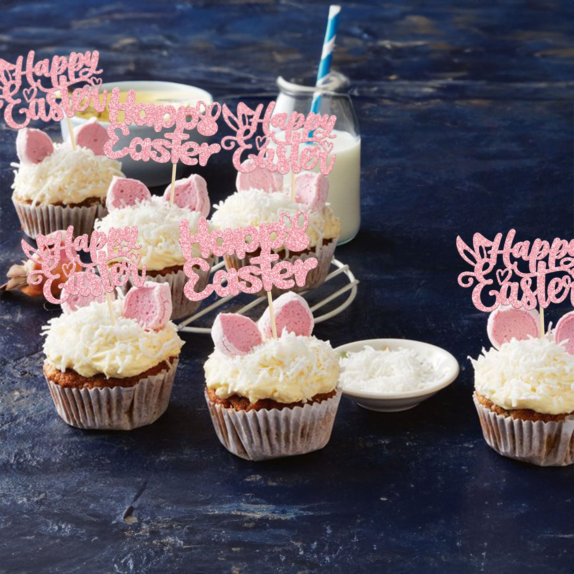 Pink Glitter Easter Bunny Cupcake Toppers - 24Pcs Happy Easter Cake Decorations for Easter Party, Spring Birthday & Baby Shower - Adorable Bunny Toppers for Cupcakes, Cakes & Desserts