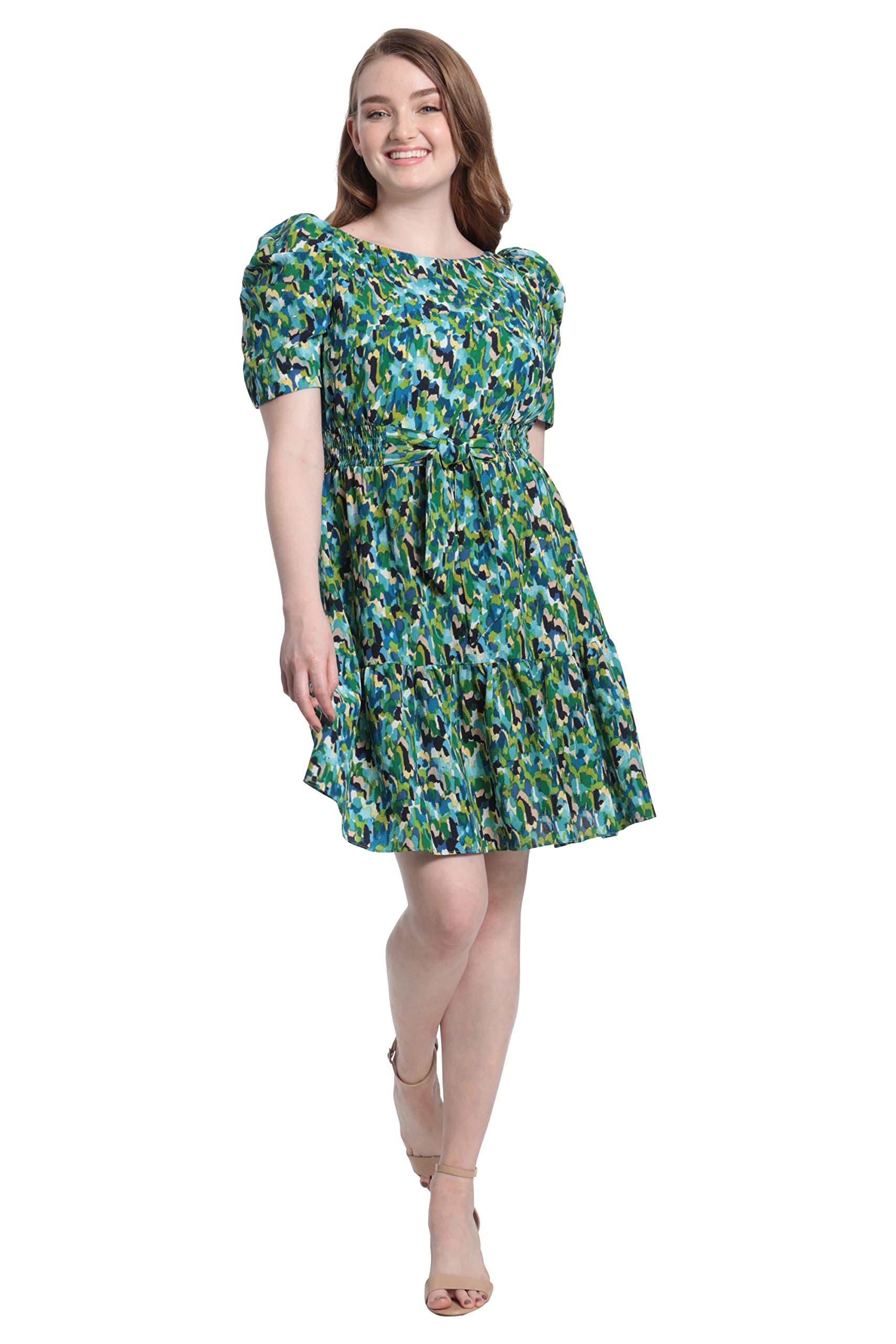 London Times Women's Smocked Dress with Bow - Elegant Puff Sleeve for Parties & Events
