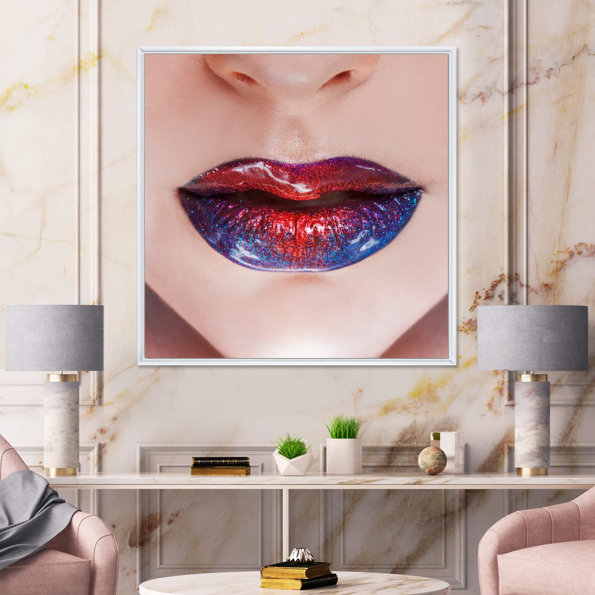 DesignQ Vibrant Lipstick Lips - Modern Framed Canvas Wall Art Print for Living Room, Bedroom & Office Decor