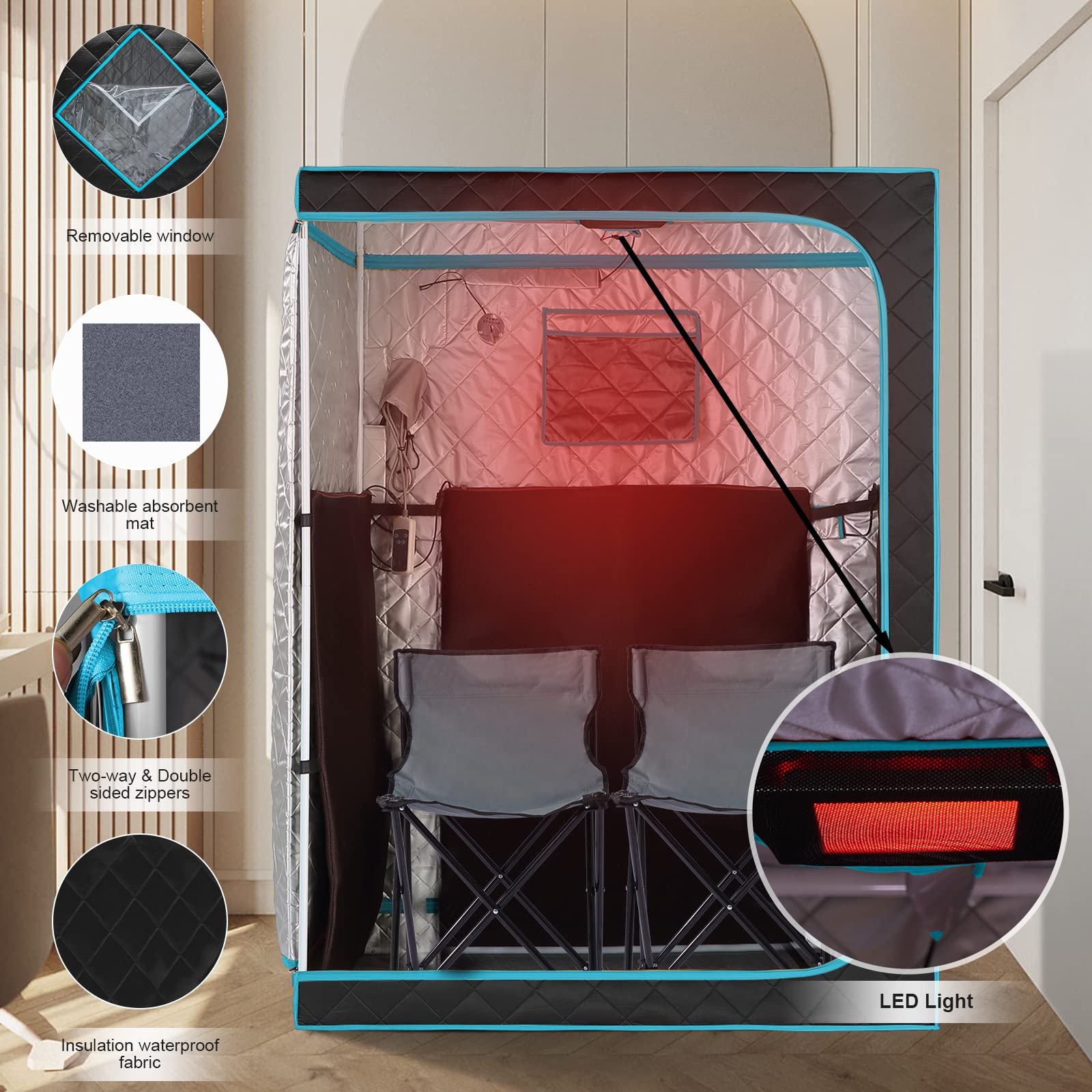 Portable Infrared Sauna Tent for Home Use - 2 Person Personal Sauna with Remote Control, Foldable Chairs for Weight Loss & Relaxation (47.2