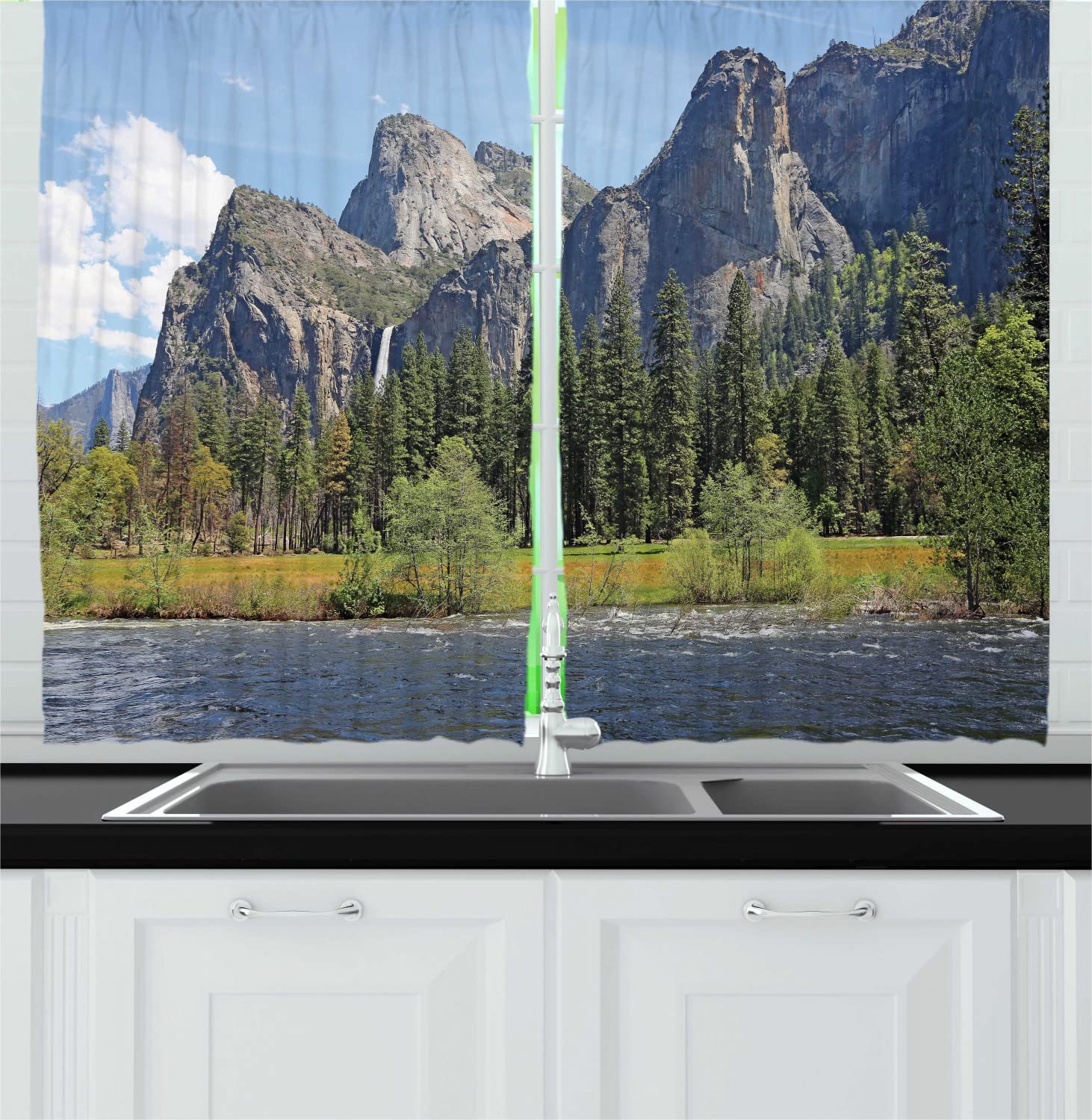 Ambesonne Nature Long Kitchen Curtains - Yosemite National Park Merced River Scenic Design, 2 Panel Rod Pocket Drapes 55x45 Inches, Olive Green & Grey - Perfect for Rustic Cabin, Farmhouse & Nature-Themed Home Decor