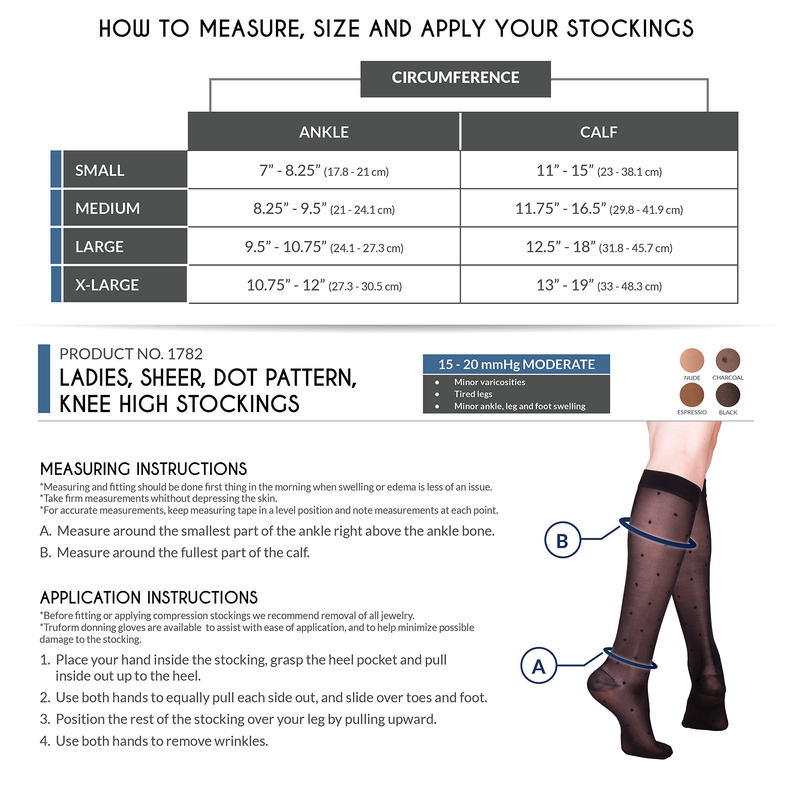Truform Sheer Compression Stockings 15-20 mmHg for Women - Knee High Support Socks with Dot Pattern in Black (Small) - Perfect for Travel, Work & Varicose Vein Relief
