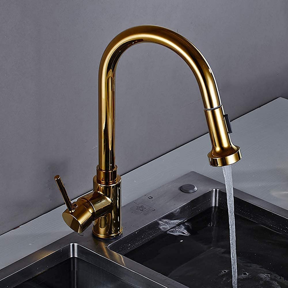 Extendable Kitchen Faucet with Pull-Out Sprayer - Gold Brass Single Lever Mixer Tap 360° Swivel for Modern Sink - Perfect for Washing Dishes & Filling Large Pots