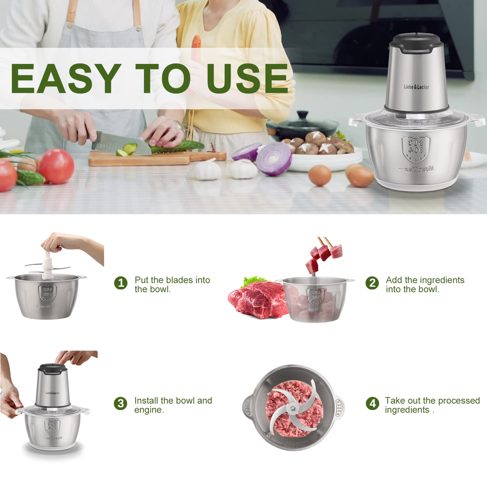 **Liebe&Lecker 350W Electric Food Processor & Meat Grinder – 8-Cup (1 Bowl) with 4 Sharp Blades, 2 Speeds – Perfect for Chopping Meat, Fruits, Vegetables, Baby Food & Nuts – Ideal for Meal Prep, Smoothies, Baking & Healthy Cooking**