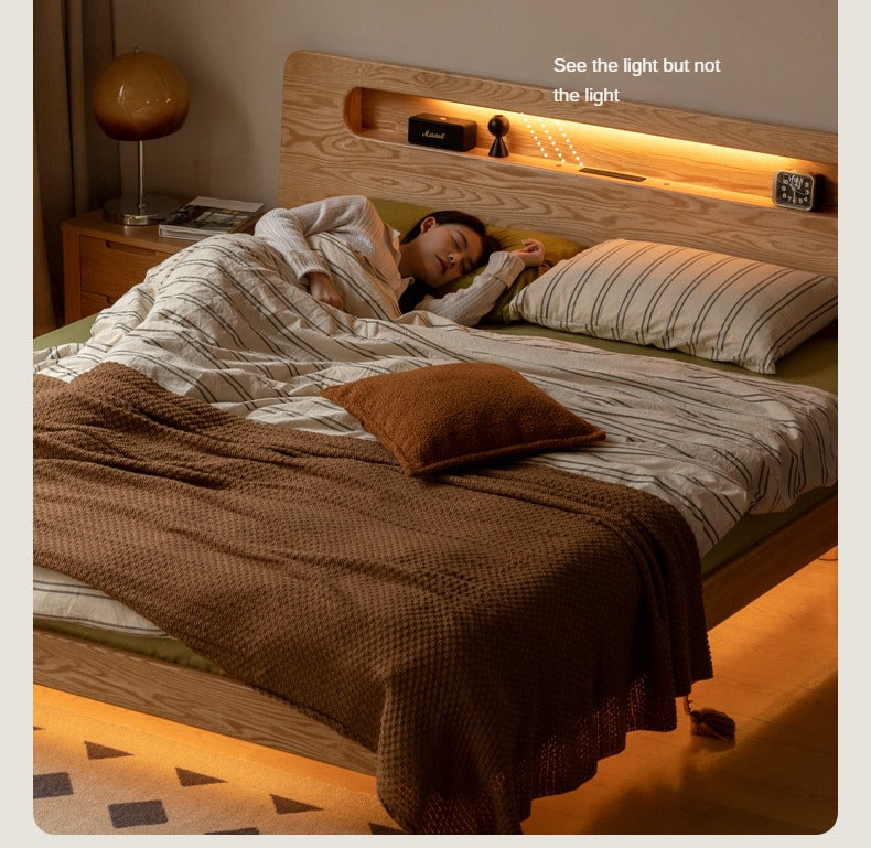 Solid Oak Wood Suspension Luminous Bed - Modern Floating Platform Bed with LED Lighting for Bedroom, Guest Room, or Dorm