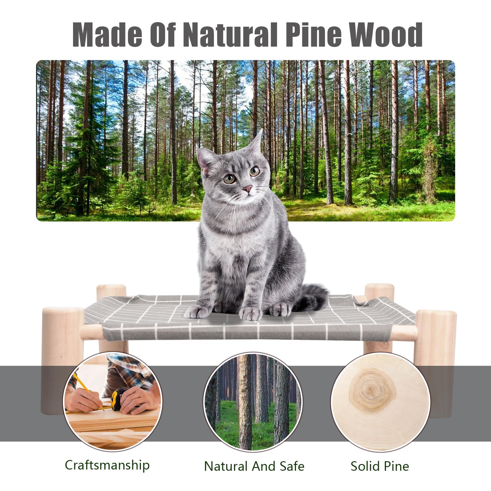 Elevated Cat Bed & Hammock - Pine Wood Small Dog & Bunny Bed - Breathable All-Season Outdoor/Indoor Pet Cot - Gray Grid Design for Comfortable Sleeping & Relaxation - Perfect for Cats, Small Dogs & Rabbits in Home, Garden or Patio