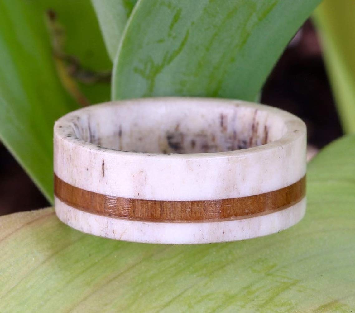 Pure Deer Antler Ring for Men & Women - Handcrafted Brown & Grey Deer Antler Wedding Band with Koa Wood Inlay - Unique Wooden Rings for Outdoor Enthusiasts & Nature Lovers - Perfect for Camping, Hiking & Rustic Weddings