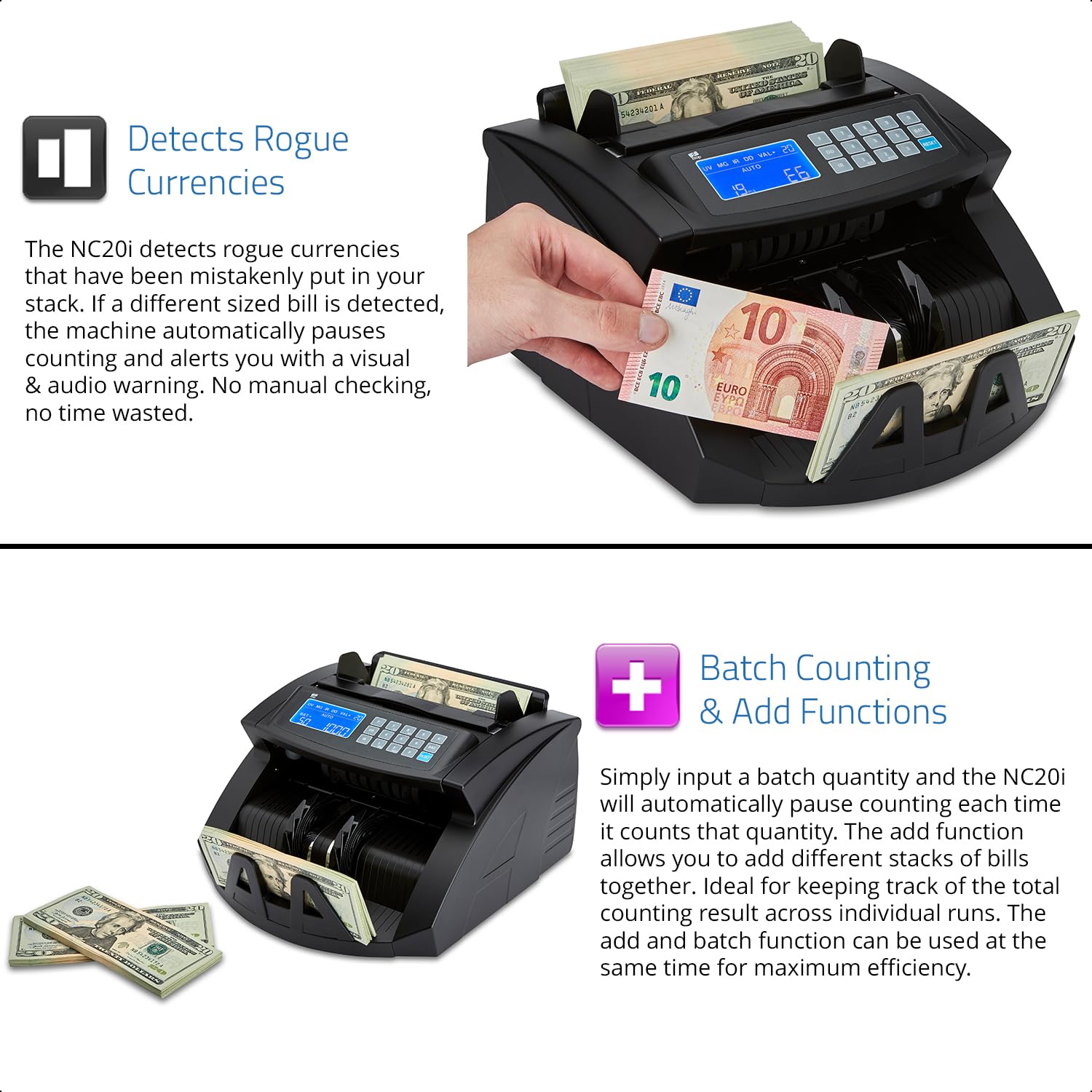 ZZap NC20i Bill Value Counter & Counterfeit Detector Machine - Fast & Accurate Currency Counting with UV/MG/IR Detection - Perfect for Banks, Retail Stores, and Cash-Intensive Businesses