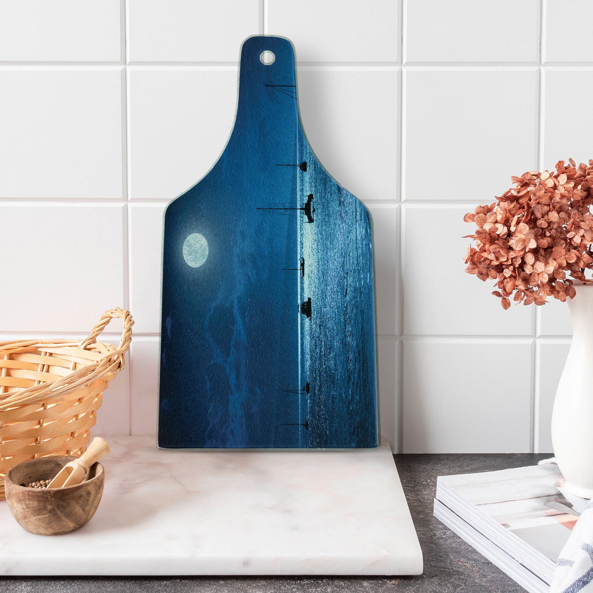 Ambesonne Ocean Themed Tempered Glass Cutting Board - Nighttime Sky with Full Moon Over Calm Maui Hawaii Ocean Scene - Wine Bottle Shaped Navy & White Serving Board - Perfect for Entertaining, Kitchen Decor & Gift Giving
