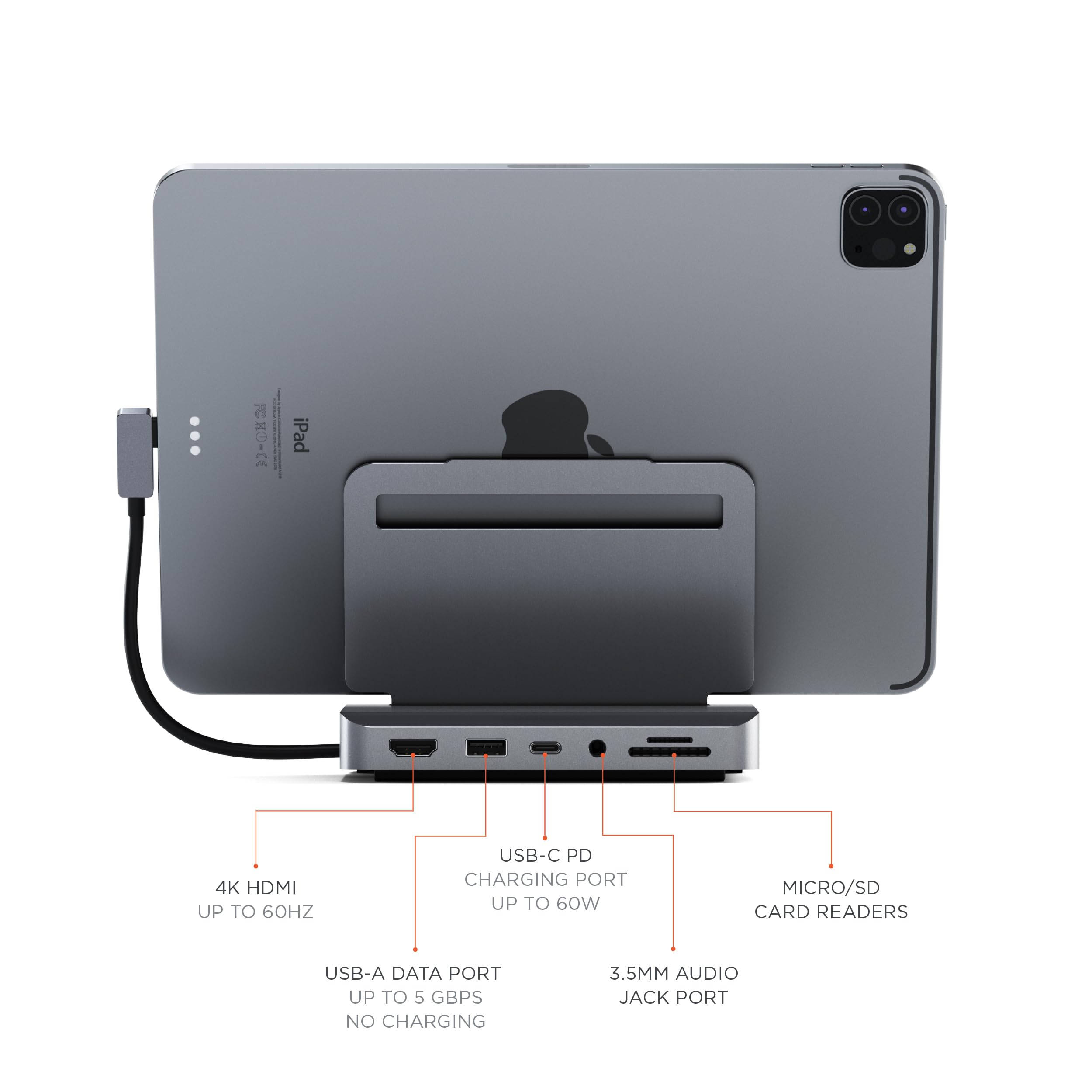Satechi 6-in-1 USB-C Stand & Hub for iPad Pro - 60W PD Charging, 4K HDMI, USB-A Port, Micro/SD Card Readers, 3.5mm Audio Jack - Compatible with MacBook Pro, iPad, iPhone 16/15 - Perfect for Home Office, Remote Work & Multimedia Entertainment