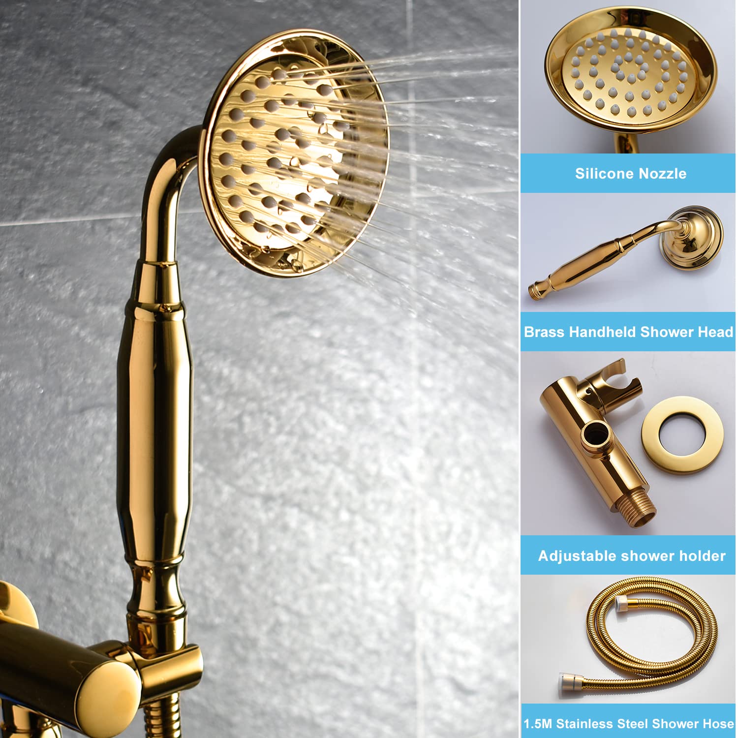 8 Inch Gold Shower System - Full Body Wall Mounted Shower Faucet with Multi-Function Rain Shower & Body Jets - Antique Polished Gold Bathroom Fixtures for Luxury Spa Experience