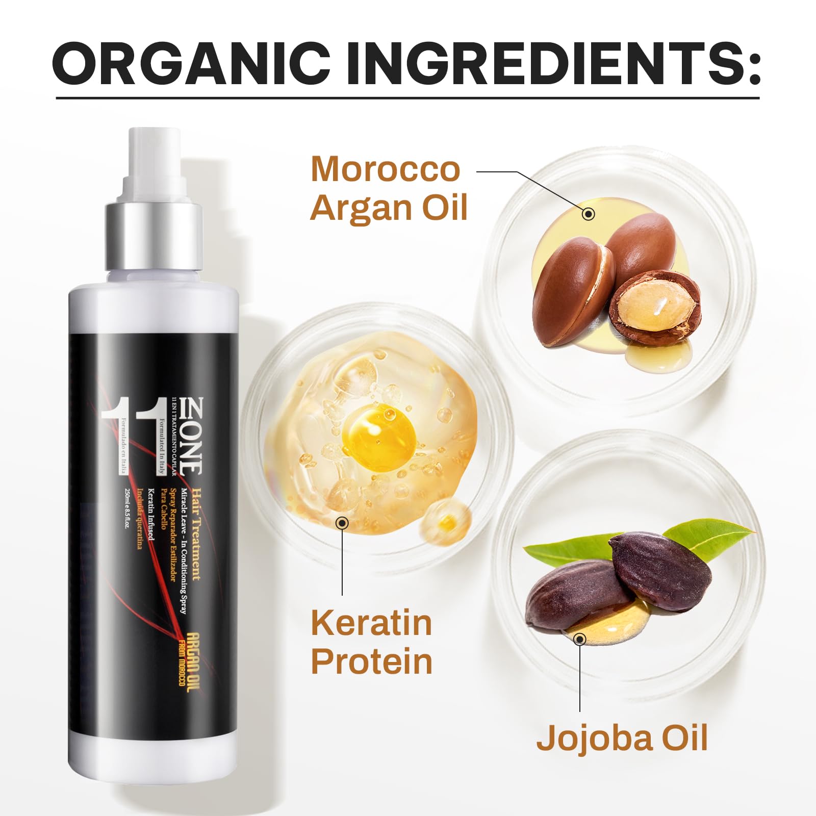 11-in-1 Moroccan Argan Oil Leave-In Conditioner Spray with Keratin - Ultra Rich Hair Treatment for Moisture, Shine & Frizz Control | Color Safe, Long-Lasting Nourishment | Perfect for Dry, Damaged Hair & Daily Styling
