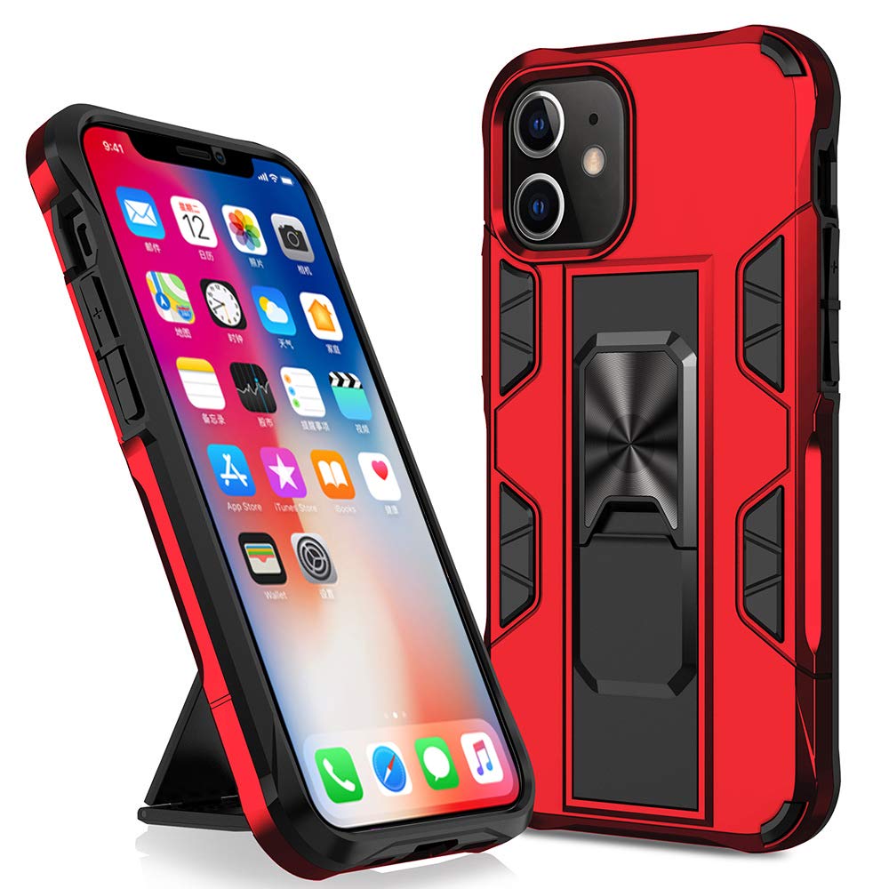 Omorro Military Grade iPhone 12 Mini Case - Drop Tested Rugged Protective Cover with Magnetic Car Mount & Kickstand | Hard PC + Soft TPU Dual Layer Protection | Perfect for Outdoor, Construction & Extreme Sports (Red)
