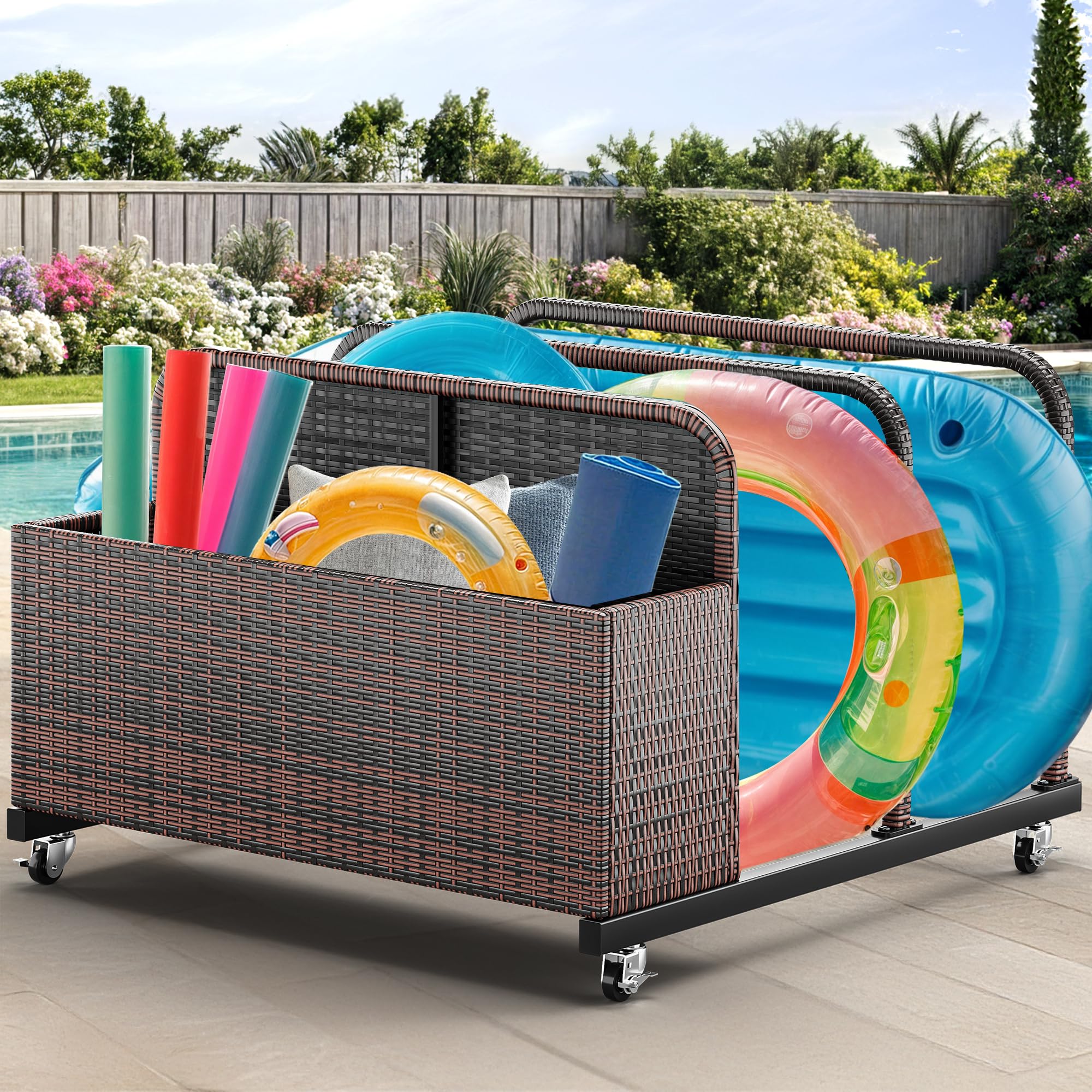 YITAHOME Outdoor Wicker Patio Poolside Float Storage Organizer - PE Rattan Rolling Pool Float Caddy for Cushions, Floaties, Noodles, Life Vests, Beach Balls & Toys - Perfect for Pool, Beach, Backyard & Patio Furniture Storage (Brown)