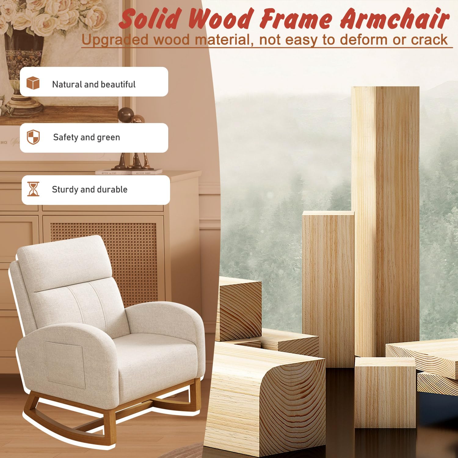 Comfy Upholstered Glider Rocking Chair with High Backrest & Side Pocket - Nursery Rocker, Bedroom Accent Chair & Living Room Armchair - Perfect for Breastfeeding, Reading & Relaxing (Cream)