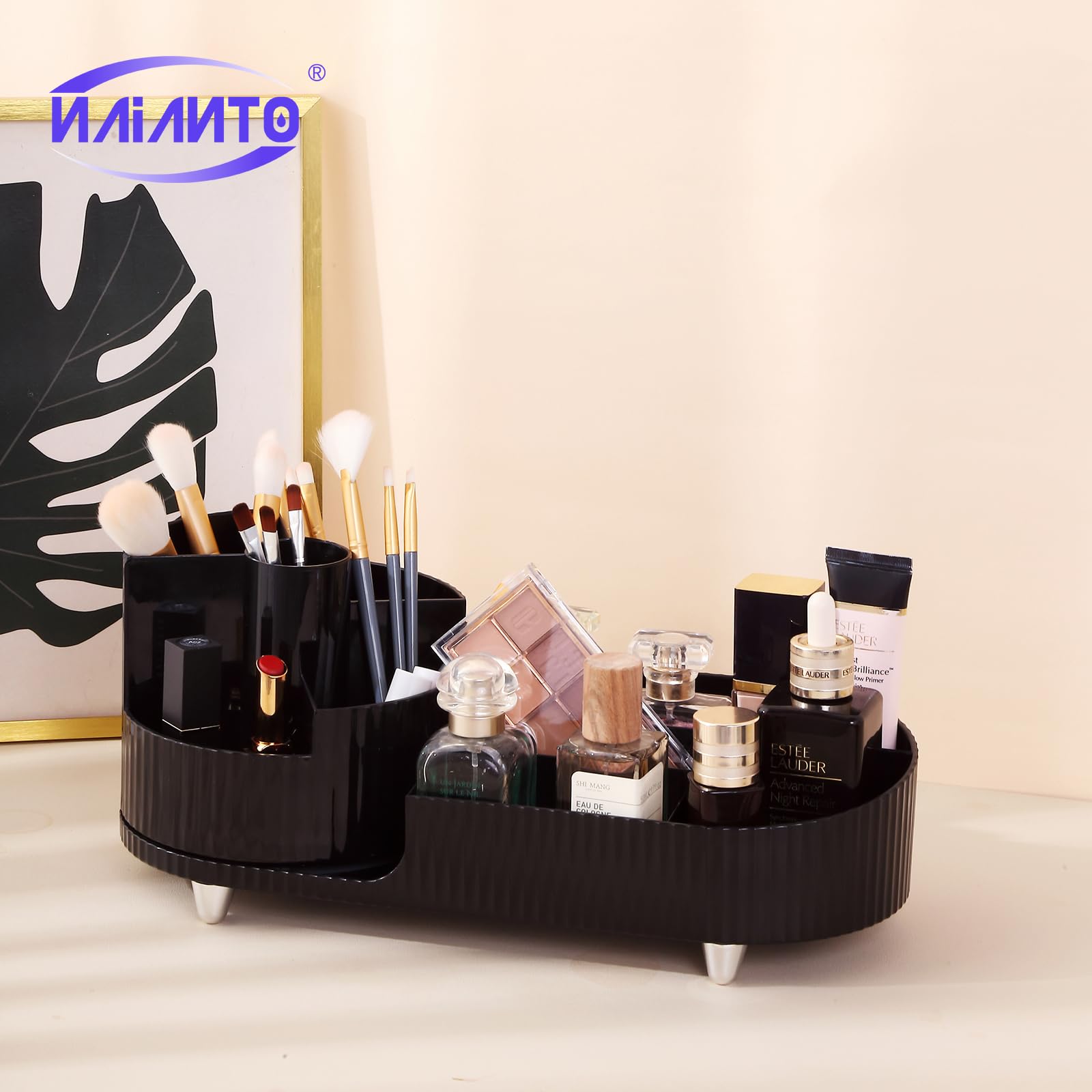 360° Rotating Makeup Organizer for Vanity | Cosmetic Storage Organizer with Brush Holder | Skincare & Lipstick Display Tray (Black) | Perfect for Bedroom Dresser, Bathroom Counter & Beauty Salon Organization