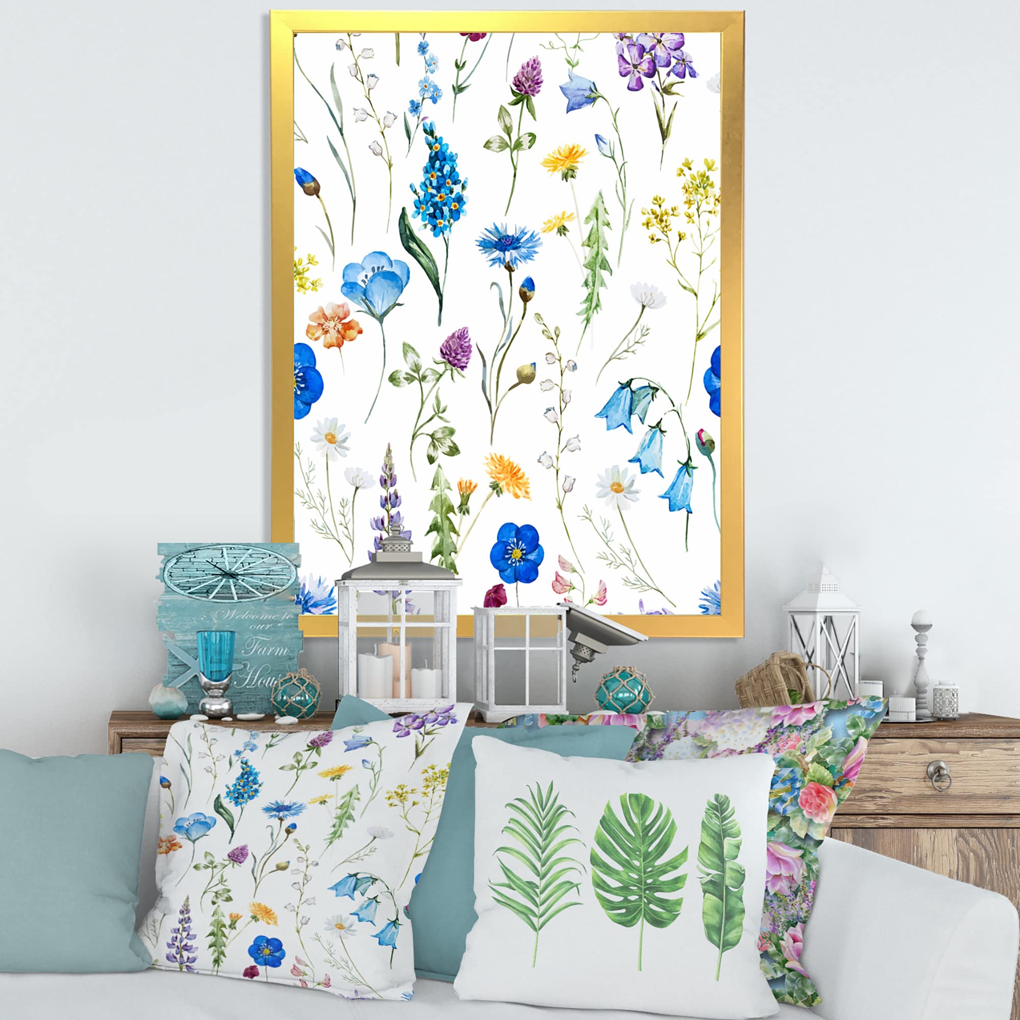 DesignQ Blue Wild Flowers Traditional Framed Wall Art - Hand-Painted Canvas Painting for Living Room, Bedroom & Office Decor