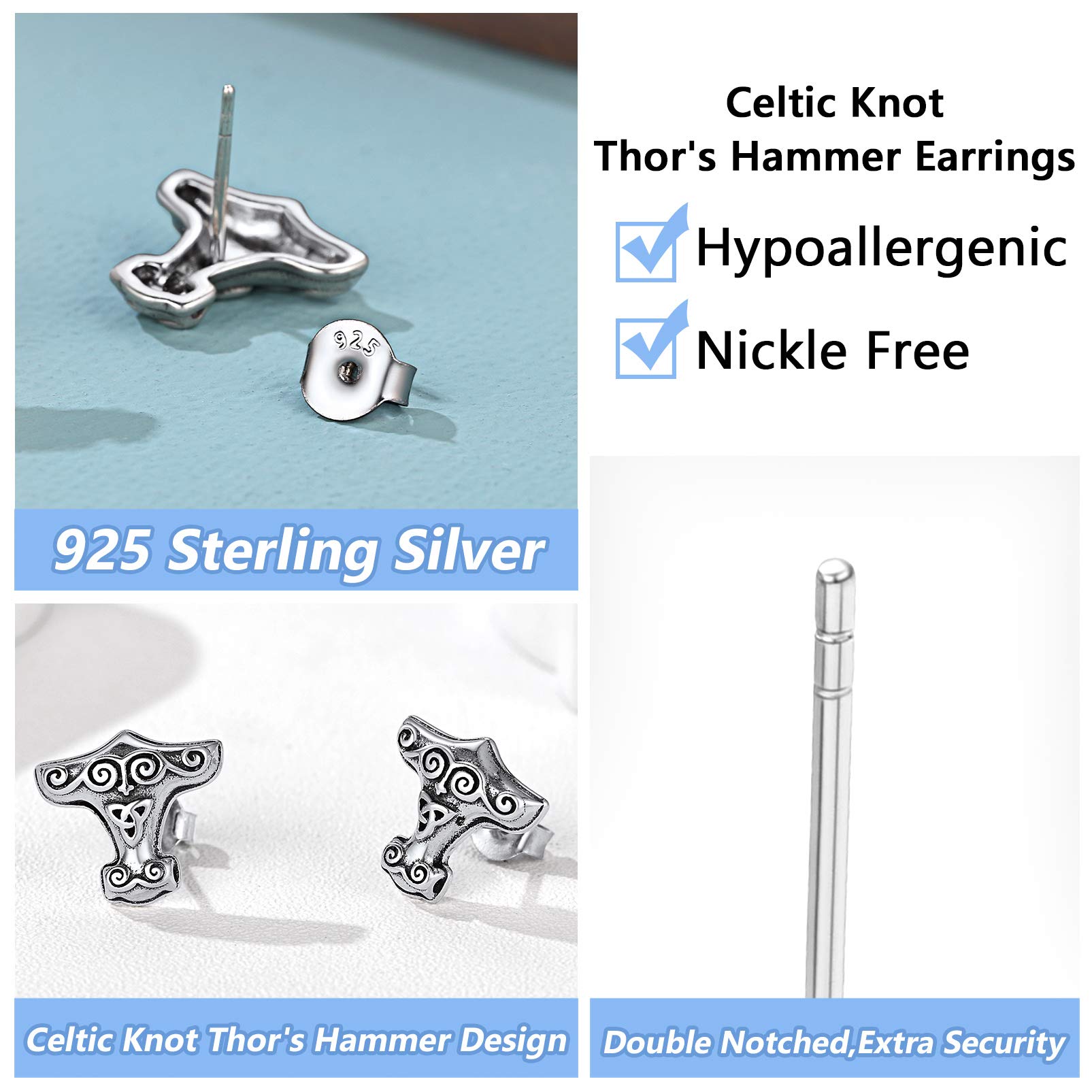 Viking Jewelry for Men & Women - Thor's Hammer Stud Earrings in Sterling Silver with Celtic Knot & Wolf Head Design - Perfect for Cosplay, LARP, Historical Reenactment & Norse Fashion