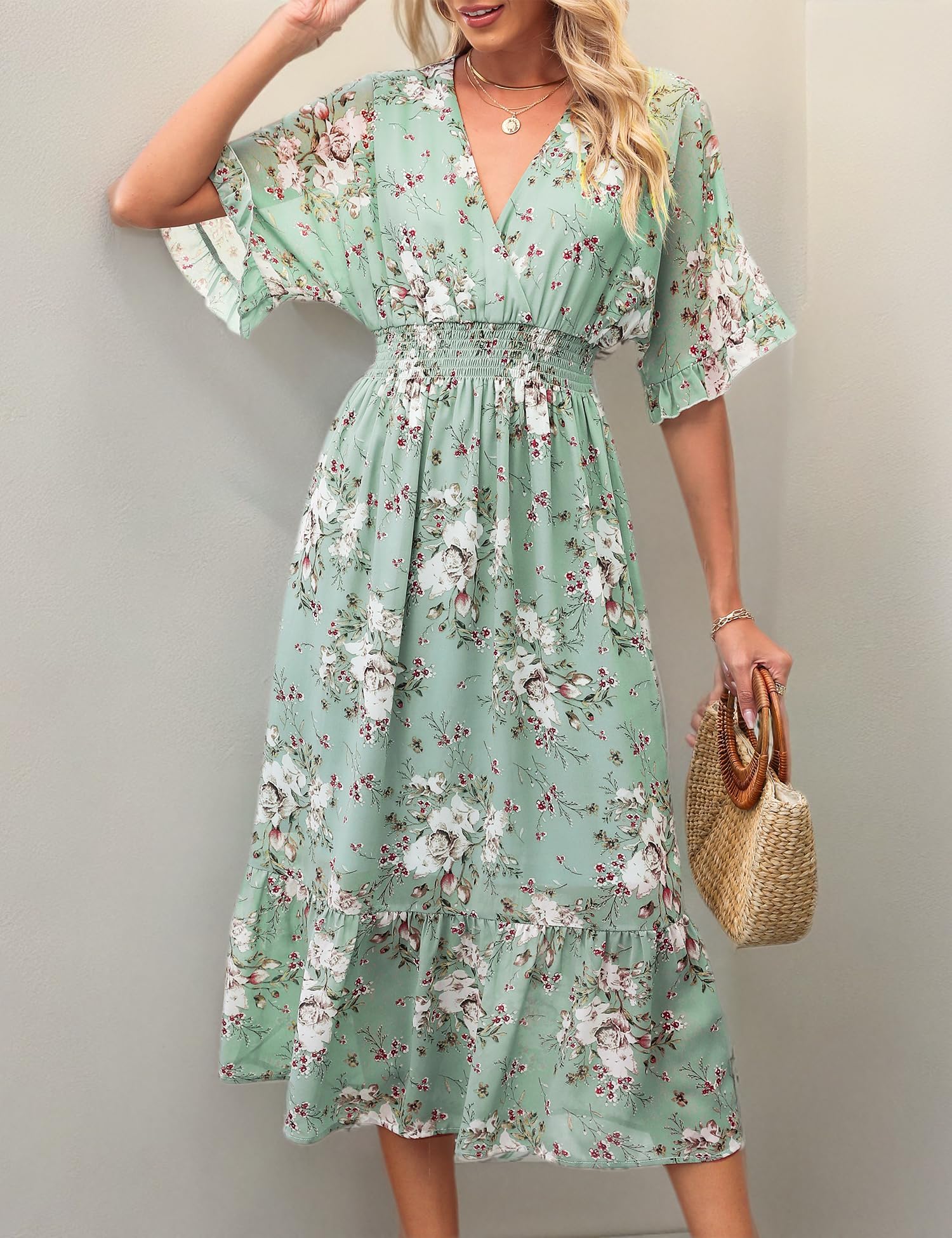 Women's Floral Midi Dress - A-Line Chiffon Boho Casual Short Sleeve Beach Dress for Spring Summer 2025 | Perfect for Vacations, Weddings & Outdoor Parties