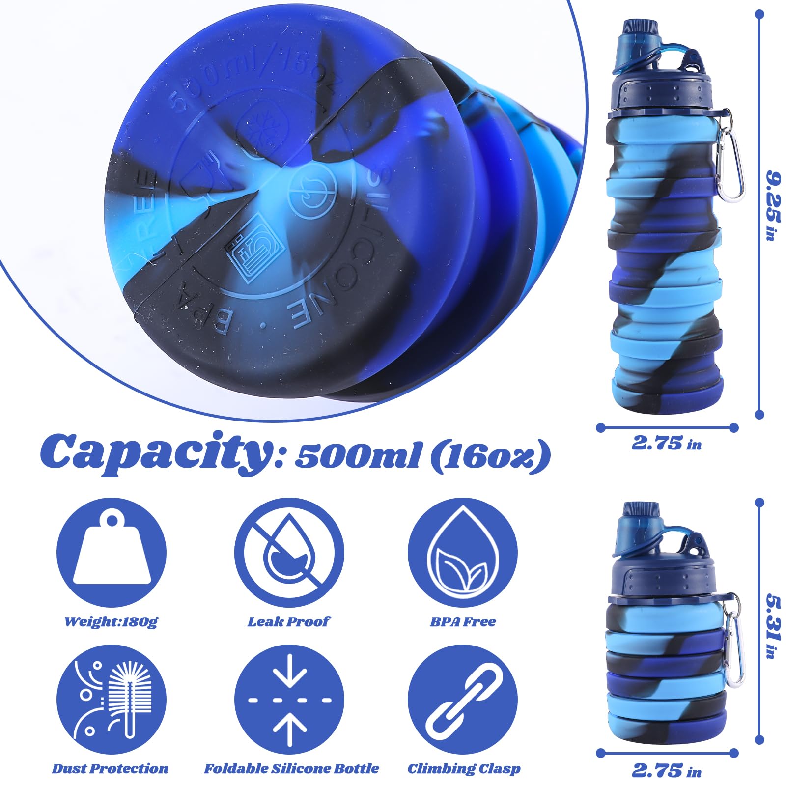 Foldable Silicone Water Bottle for Travel & Sports - Leak-Proof & Portable (Pink/Blue) - Perfect for Hiking, Camping & Gym