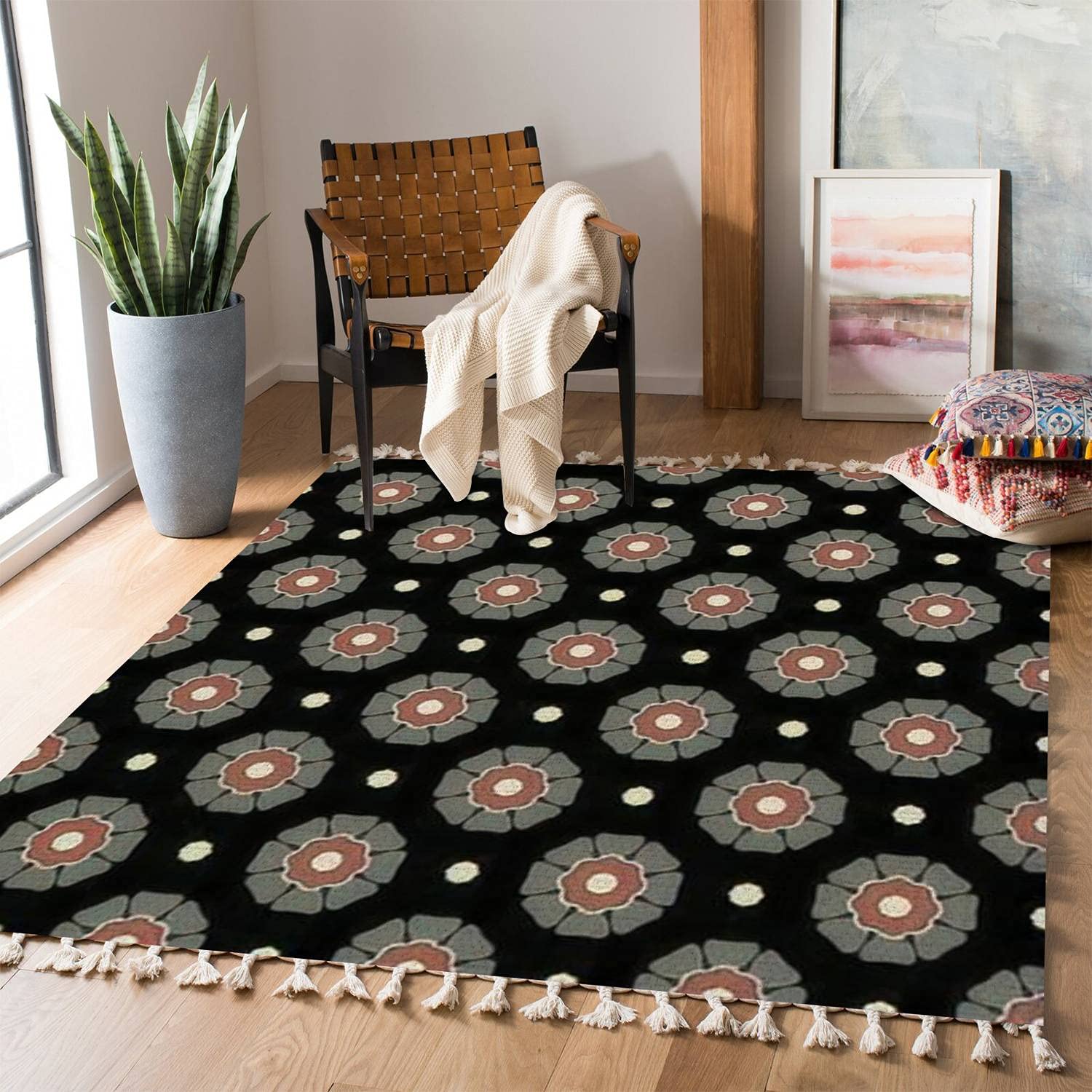 Boho Vintage Geometric Area Rug with Round Floral Mandala Pattern - Non-Slip Indoor Outdoor Carpet for Living Room, Bedroom, Patio, Hallway | Minimalist Home Decor for Boho, Scandinavian & Modern Style Homes