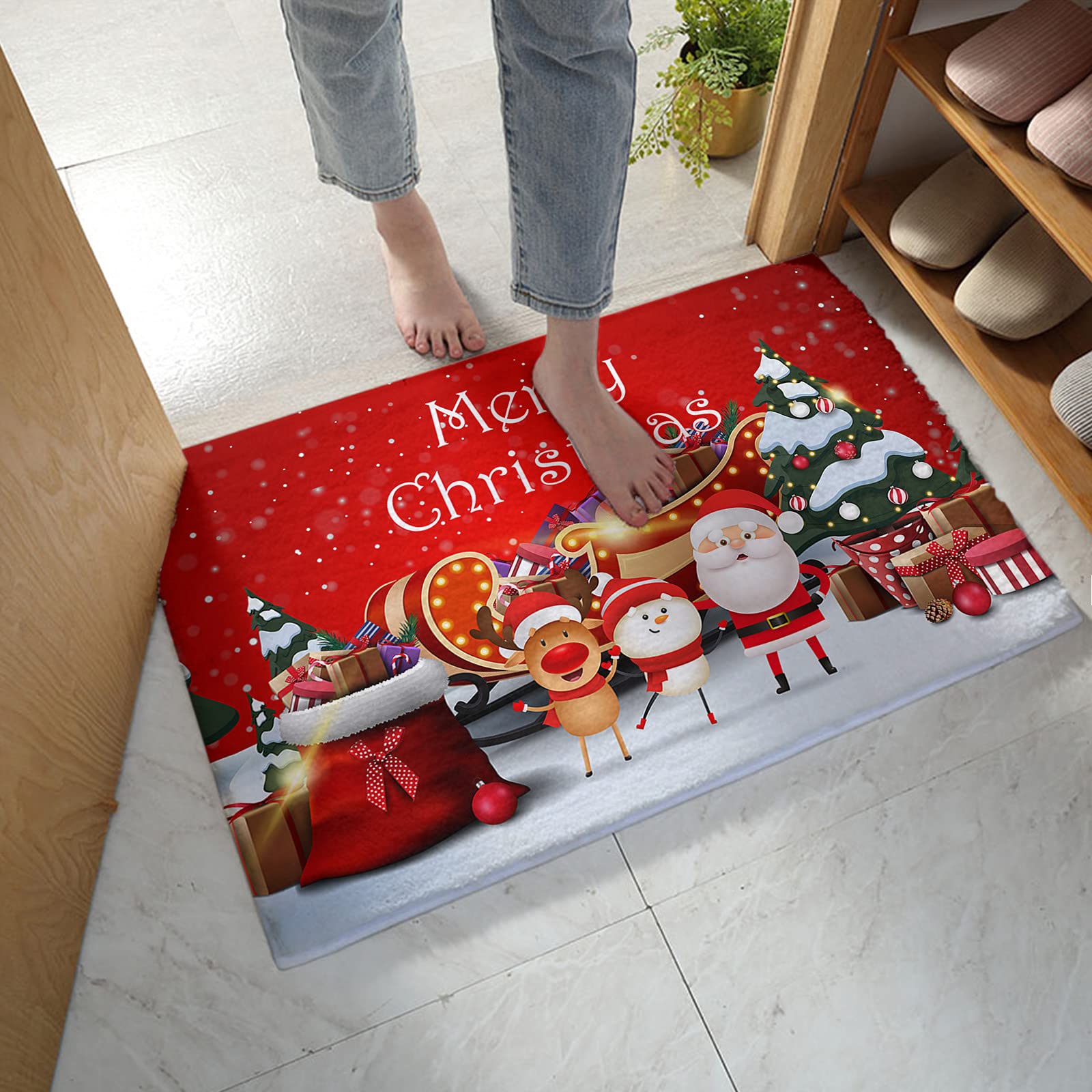 Fluffy Shag Bath Rugs - Absorbent Non-Slip Christmas Santa Elk Winter Tree Design Door Mats, Microfiber Runner Carpet with Cartoon Animal Snowflake Red Back - Washable 24x35in for Kitchen, Bathroom, Living Room - Perfect Holiday Gift & Cozy Home Decor