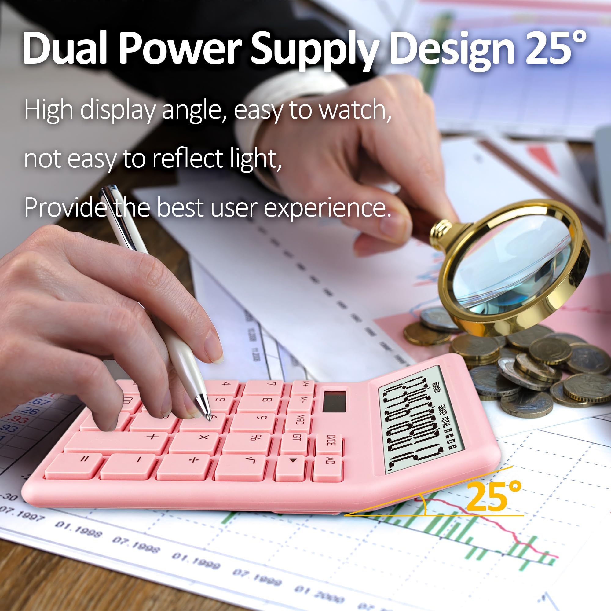 12-Digit Pink Desktop Calculator with Large LCD Display - Dual Power (Battery & Solar) for Home, Office, School - Auto Sleep Function - Perfect for Accounting, Budgeting & Math Calculations