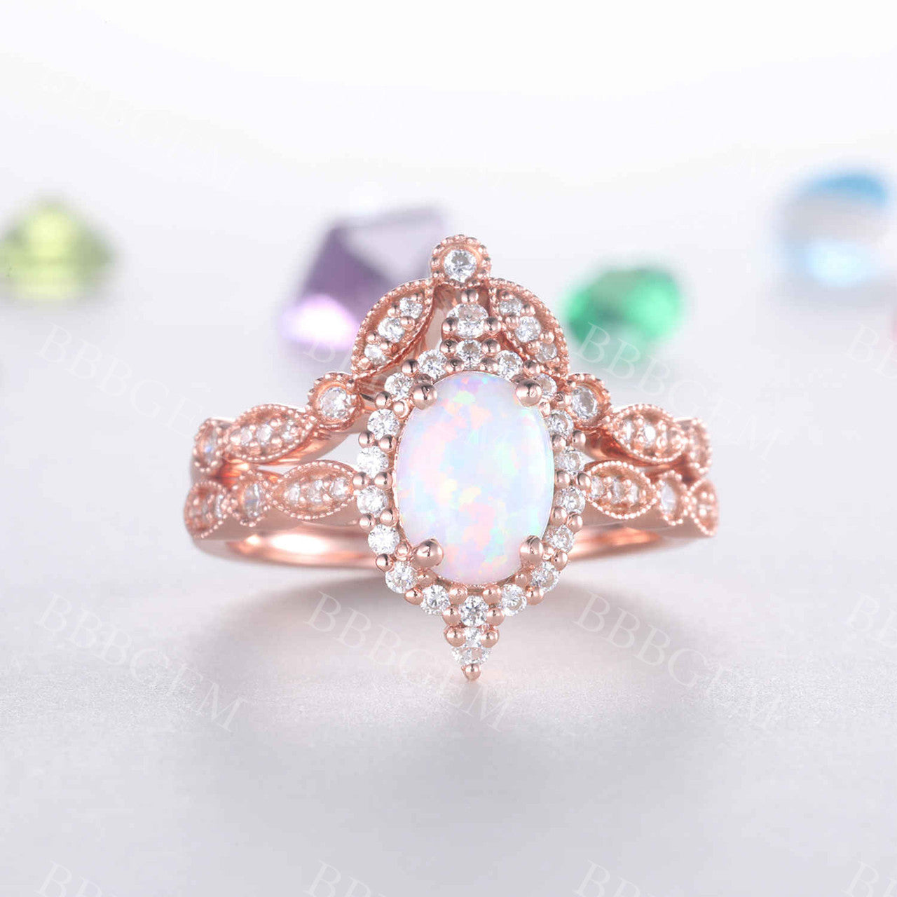 Vintage Oval White Opal Engagement Ring Set with Marquise Chevron Wedding Band & Halo Diamonds - Perfect for Proposals, Anniversaries & Bridal Jewelry Gifts