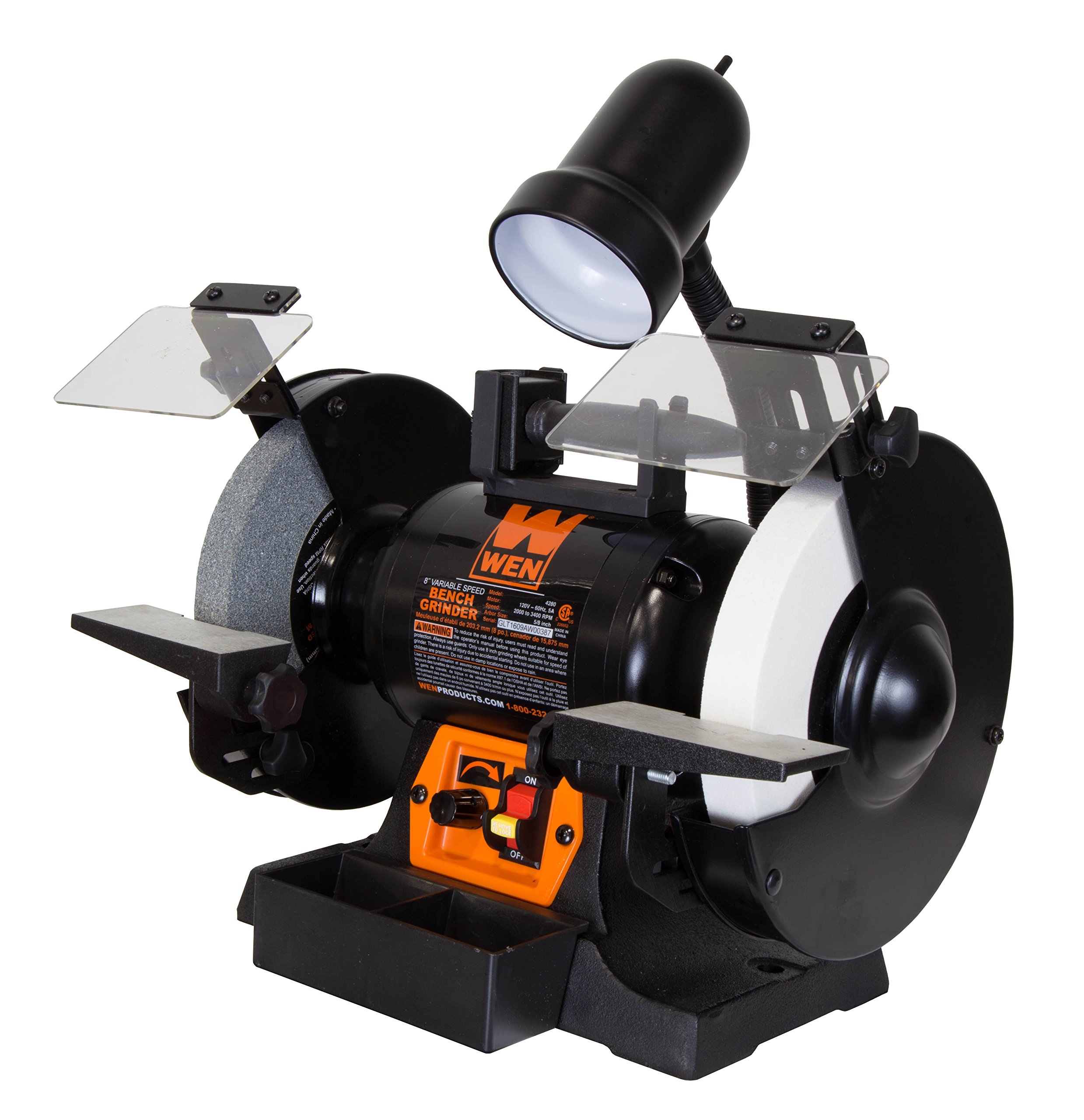 WEN BG4280 5-Amp 8-Inch Variable Speed Bench Grinder with Flexible Work Light - Black & Orange - Perfect for Metalworking, Woodworking, and DIY Projects
