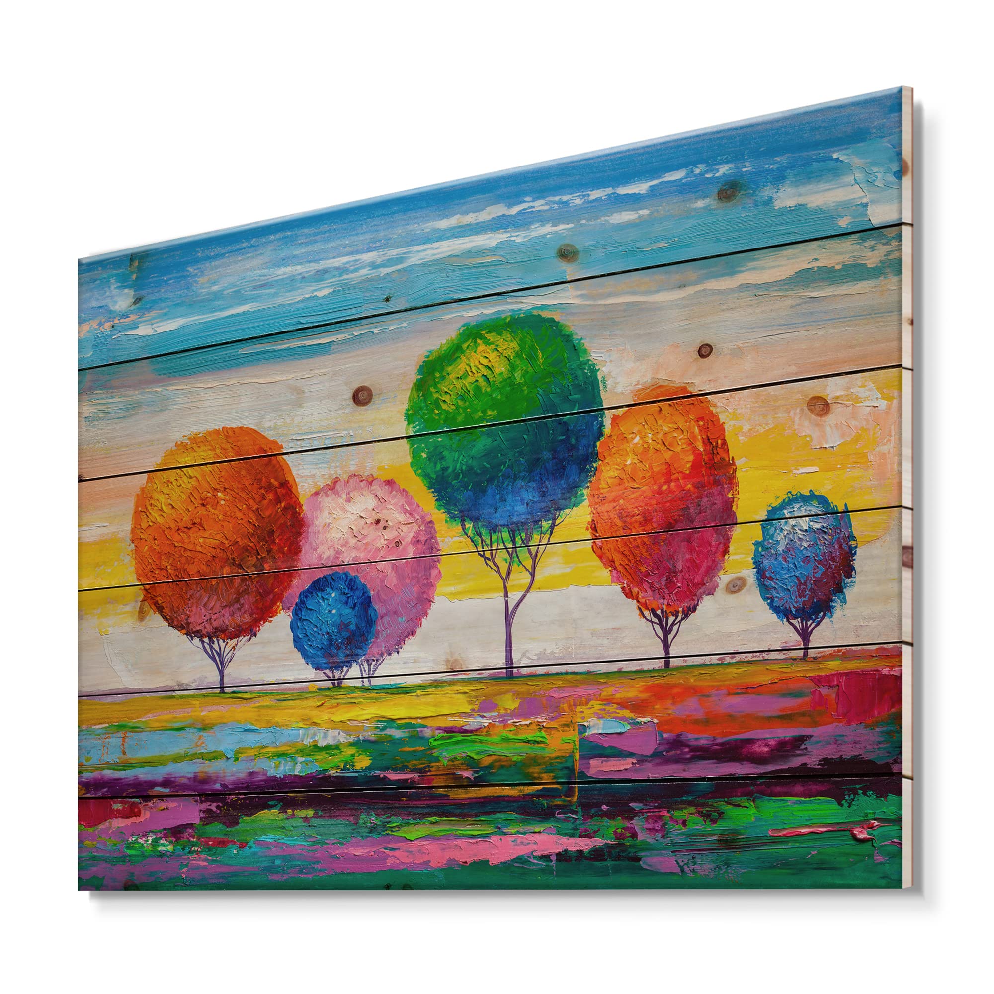 DesignQ Colorful Ornamental Trees Modern Wood Wall Art - Contemporary Pine Wood Wall Decor, Large Landscape Wood Panels for Living Room, Bedroom & Office Decoration