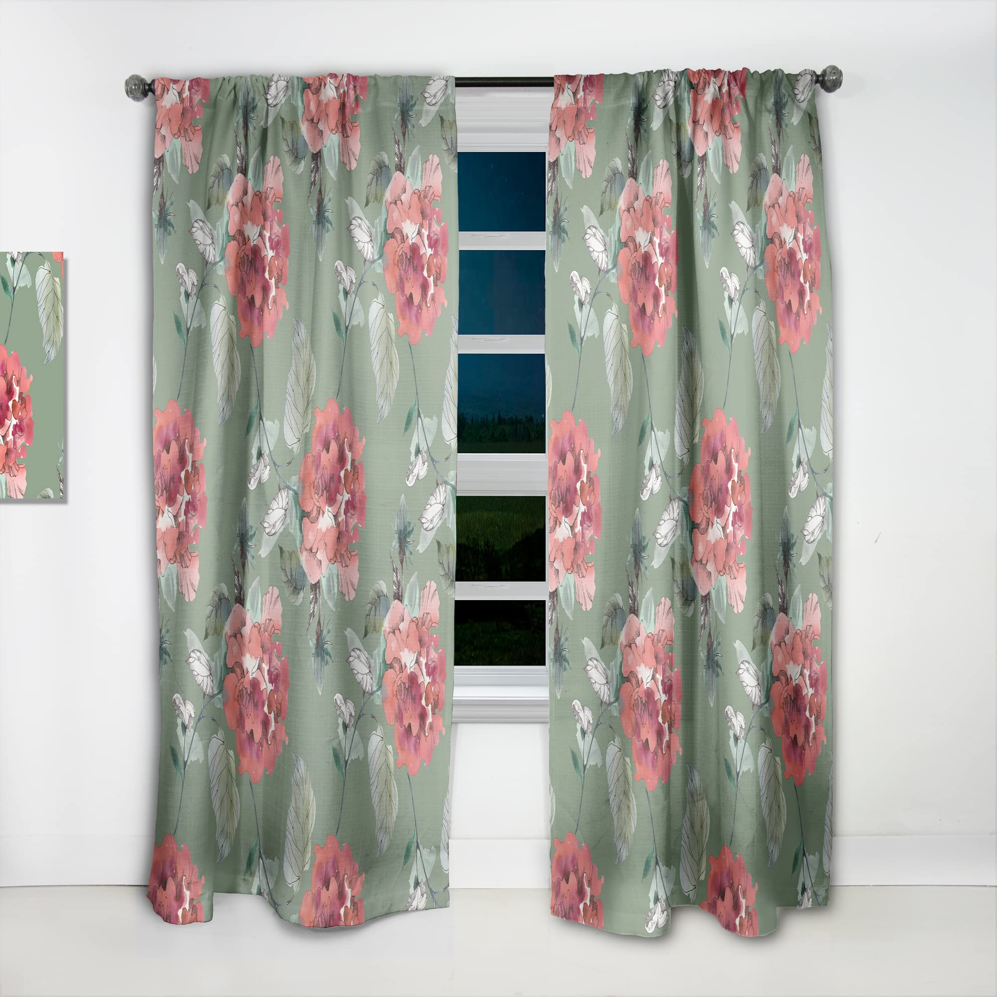DesignQ Thermal Insulated Curtains - 'Red Flowers in Green' Pattern - Single Panel (52x63 inches) for Bedroom & Living Room - Energy Saving, Blackout Drapes for Home Decor & Privacy